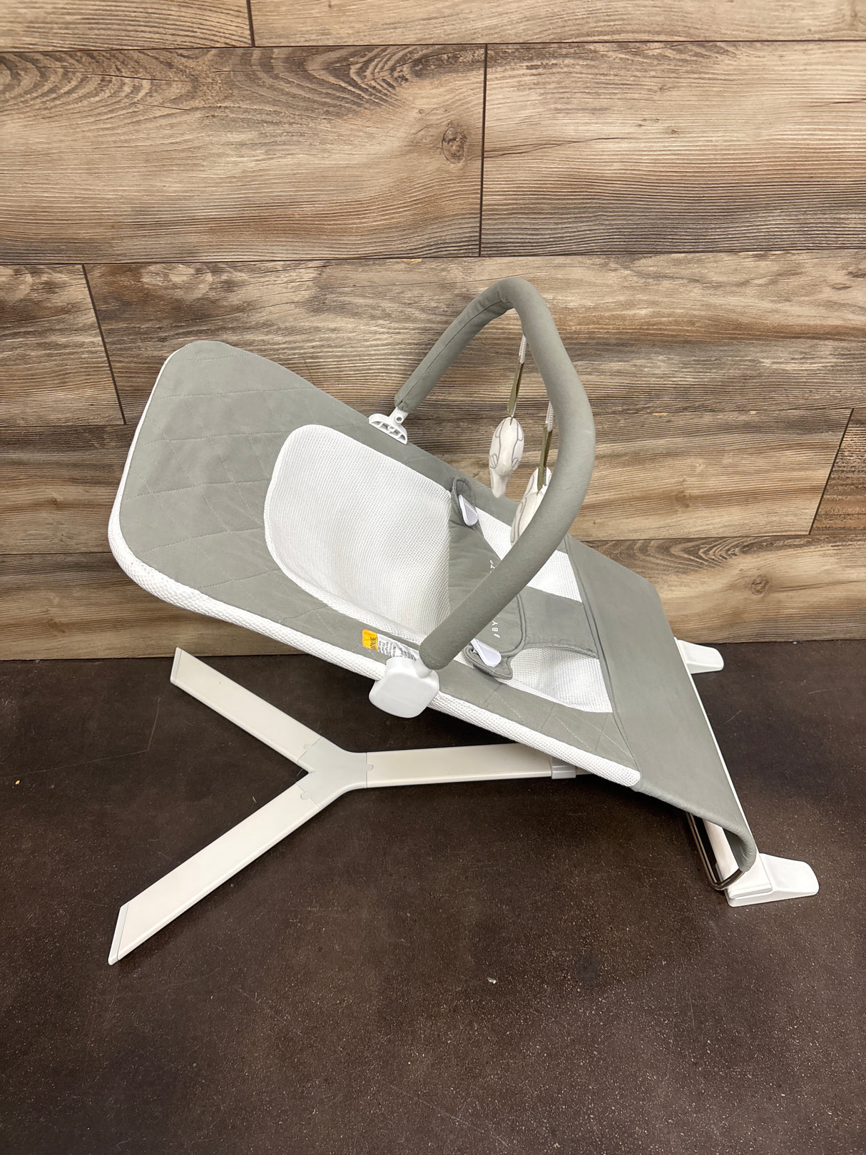 Side view of Baby Delight Alpine Deluxe bouncer in sage with mesh seat, toy bar and white metal frame on wood background
