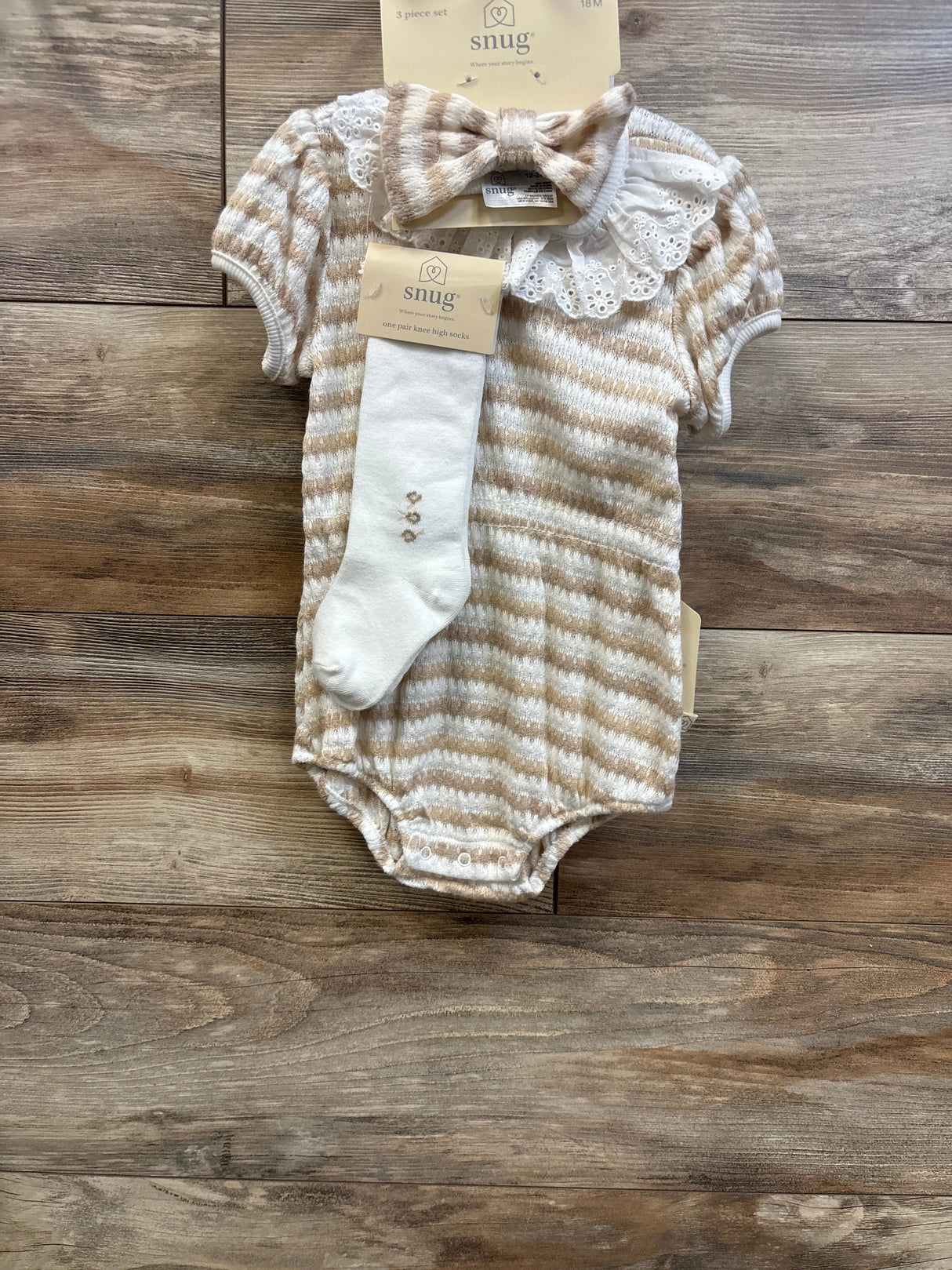 NEW Snug 3pc Knit Eyelet Collar Romper, Knee High Socks, & Headband Beige sz 18m