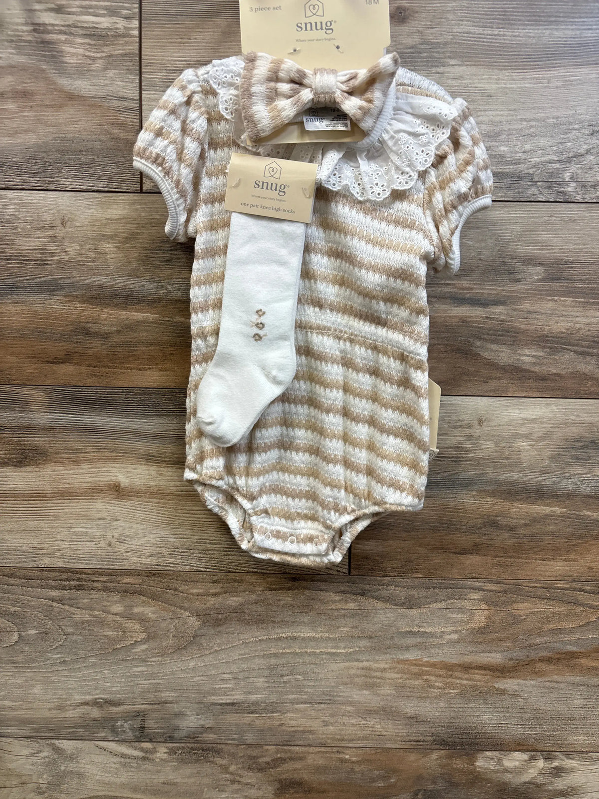 NEW Snug 3pc Knit Eyelet Collar Romper, Knee High Socks, & Headband Beige sz 18m