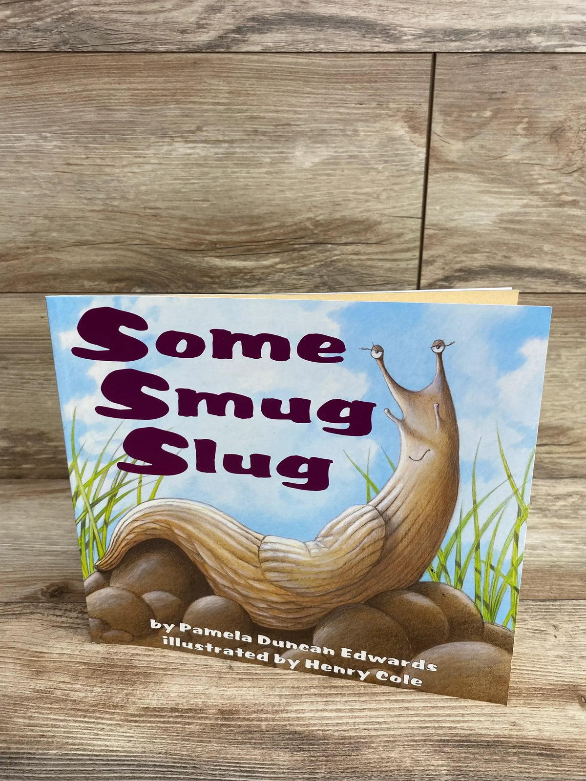 Book cover titled Some Smug Slug by Pamela Duncan Edwards with illustrated confident slug on rocks and grass background