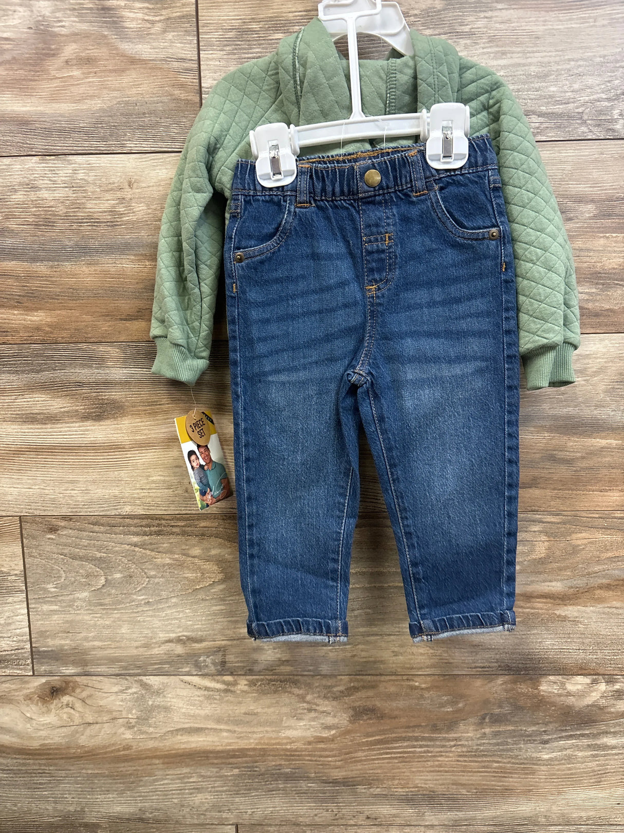 NEW Mario Lopez 3pc Quilted Pullover Sweatshirt, Shirt, & Jeans Set Green sz 18m