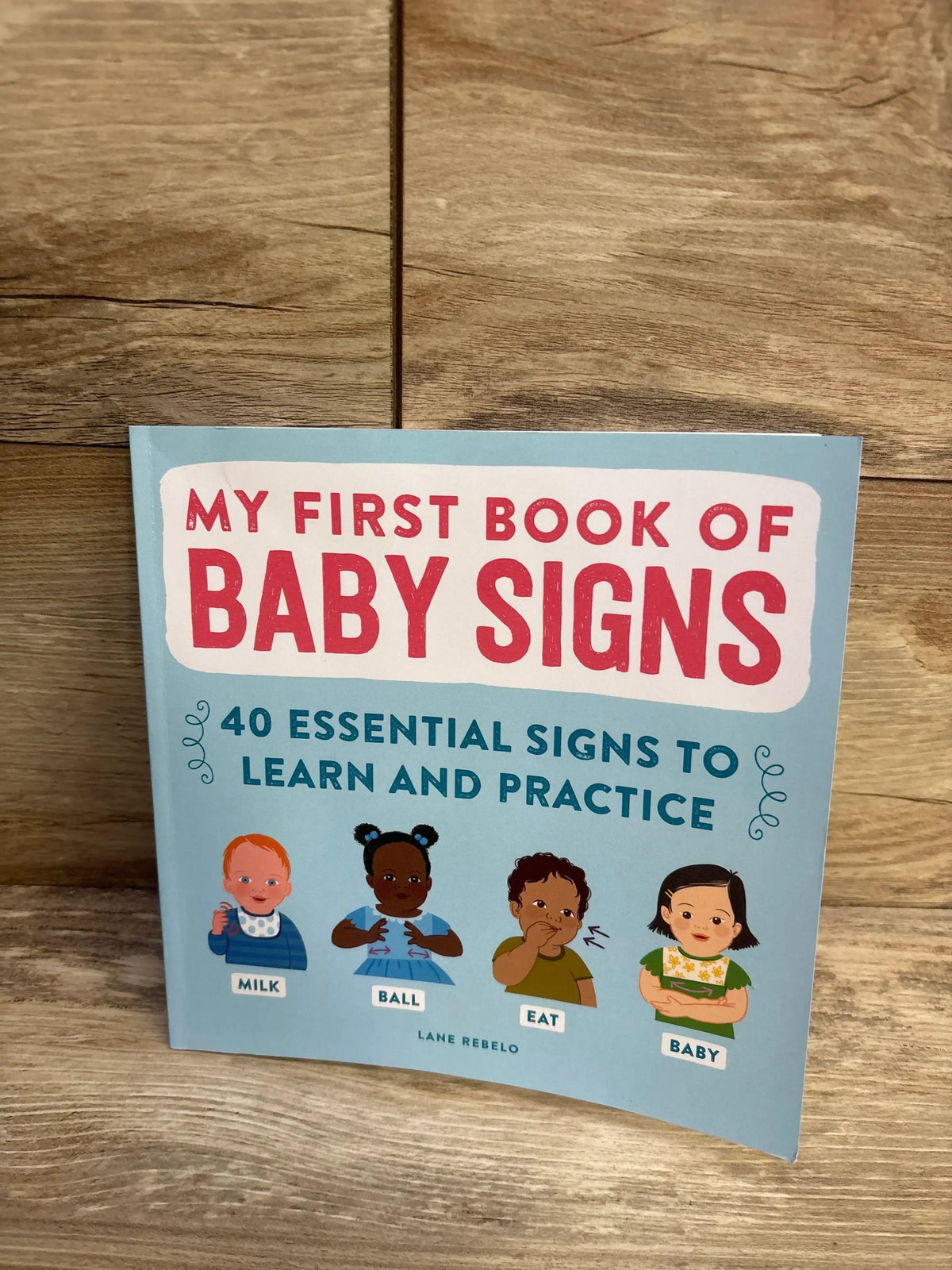 Front view of My First Book of Baby Signs paperback showing red title and four illustrated babies signing on wood background