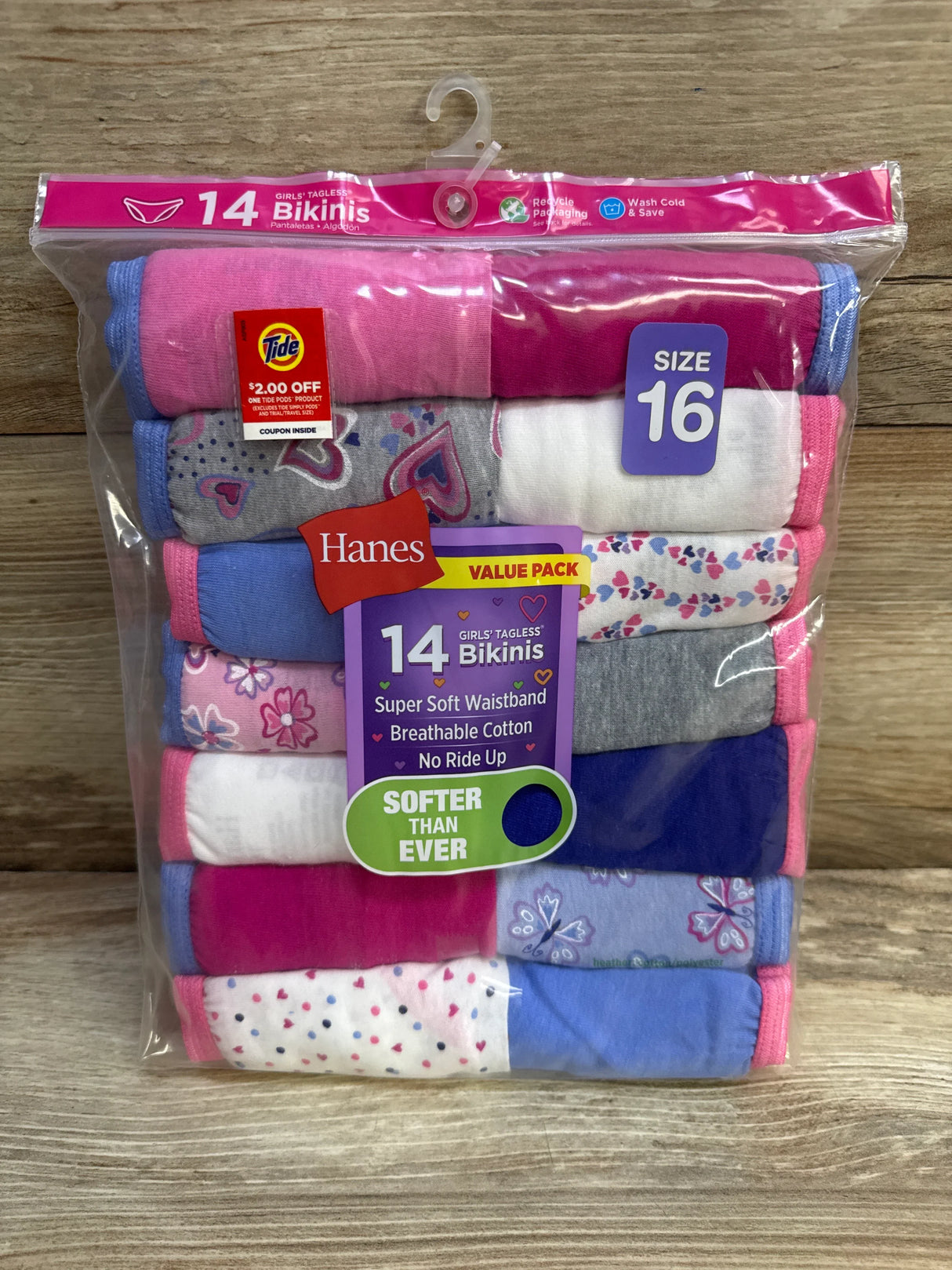 NEW Hanes Girls' Tagless Bikinis 14pk sz 16