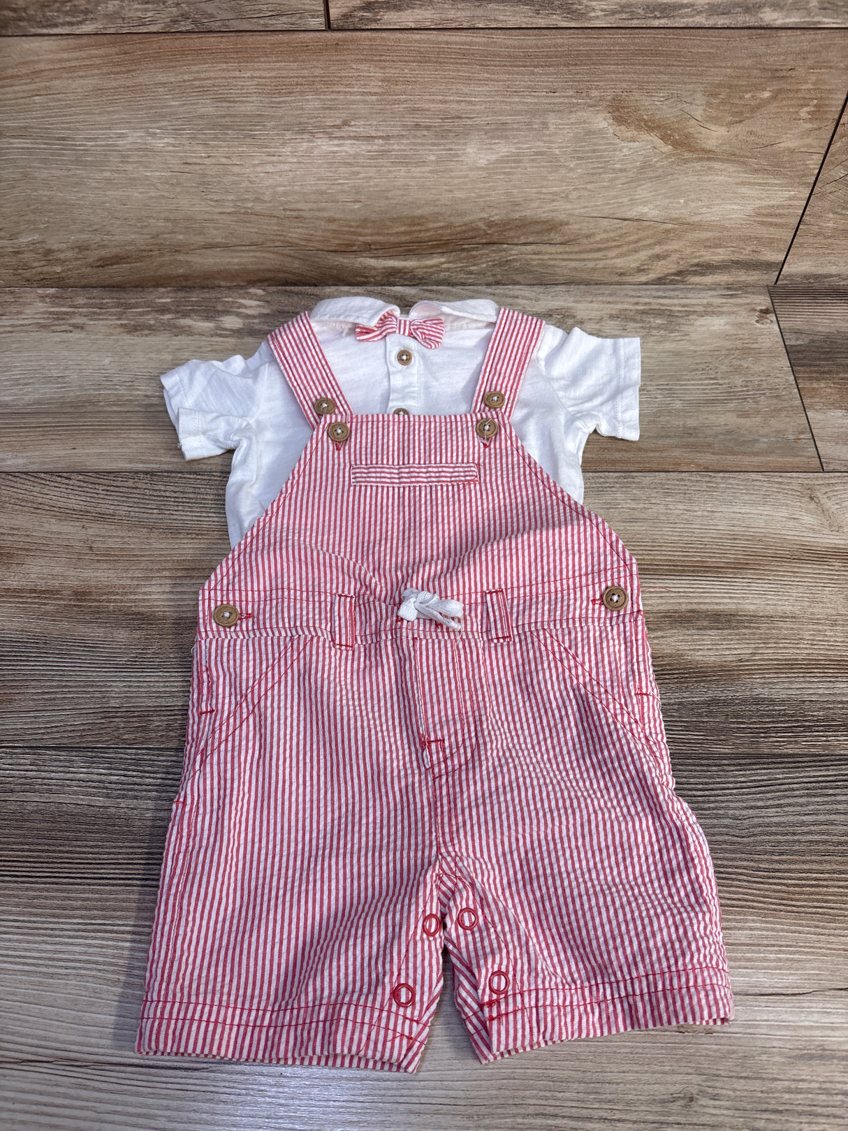 First Impressions 2pc Striped Seersucker Shortalls & Polo Shirt Set White sz 6-9m