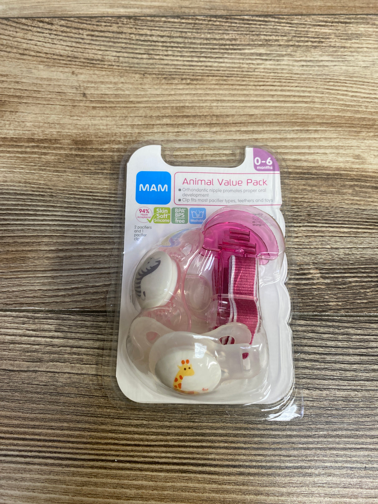 NEW MAM Pacifiers and Clip, 0-6m Animal Value Pack Pink