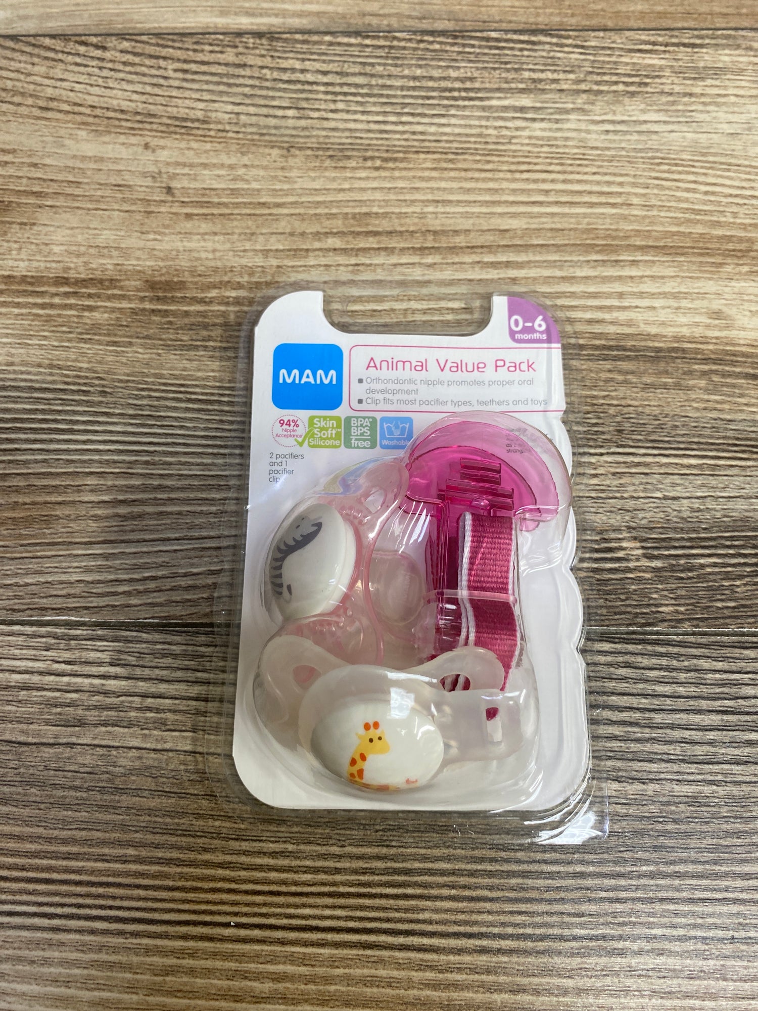 NEW MAM Pacifiers and Clip, 0-6m Animal Value Pack Pink