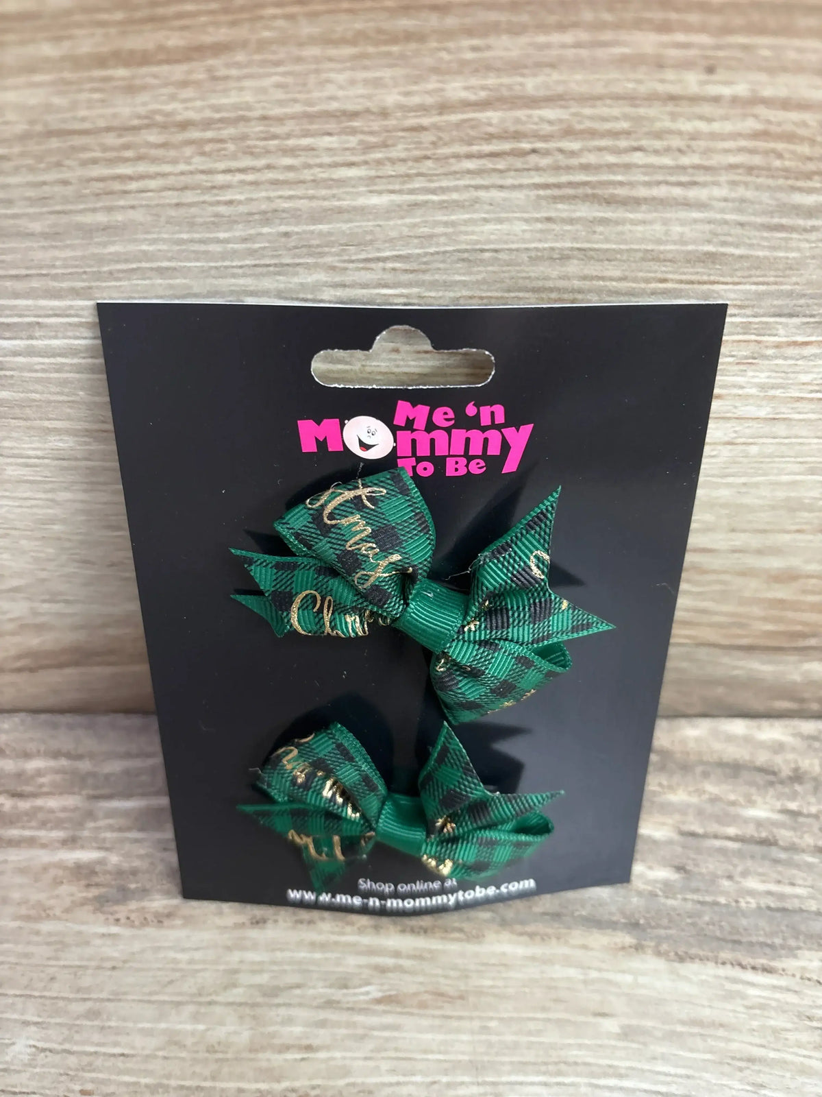 Green plaid holiday hair bows with gold script, kids Christmas accessories on black card