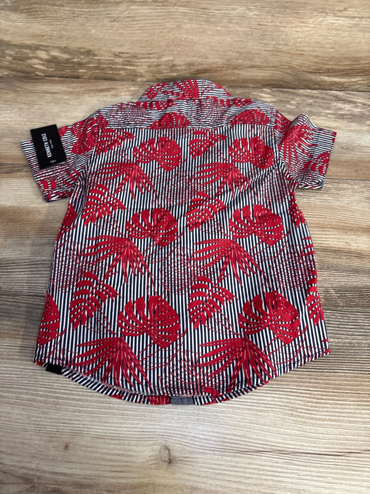 Kenneth Cole short sleeve button-up shirt with red tropical leaf print on black and white stripes