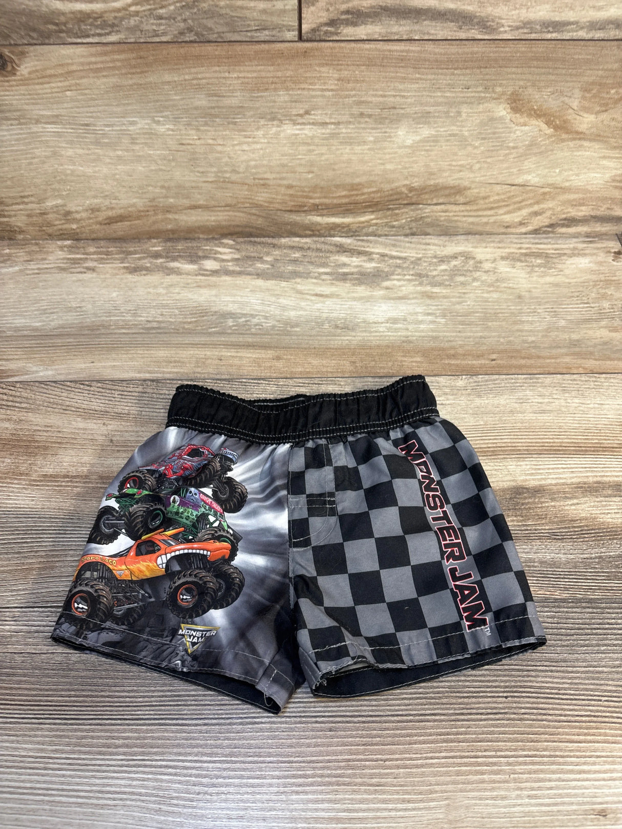 Monster Jam boys' checkered shorts with monster truck graphic, kids clothing resale