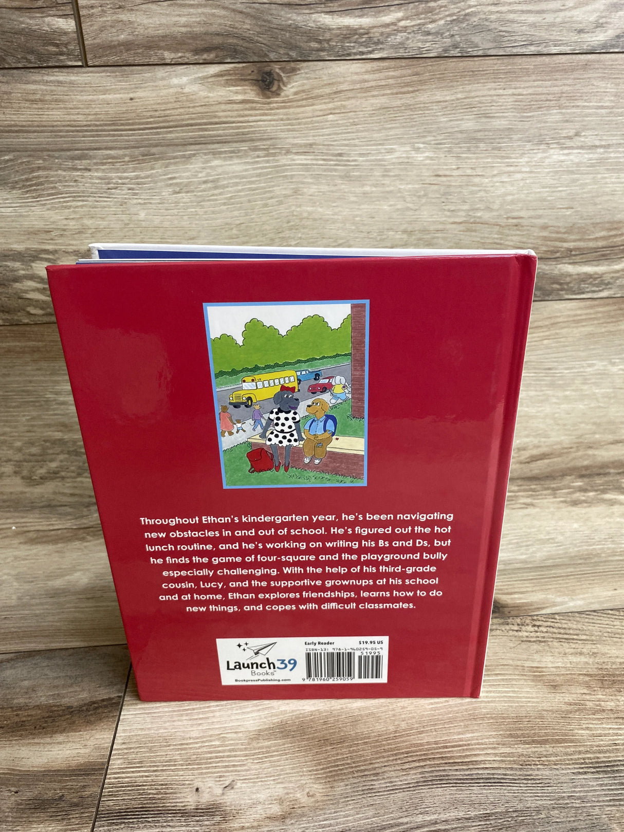 Back cover of a children's book with red background, schoolyard illustration, and text about Ethan's kindergarten challenges