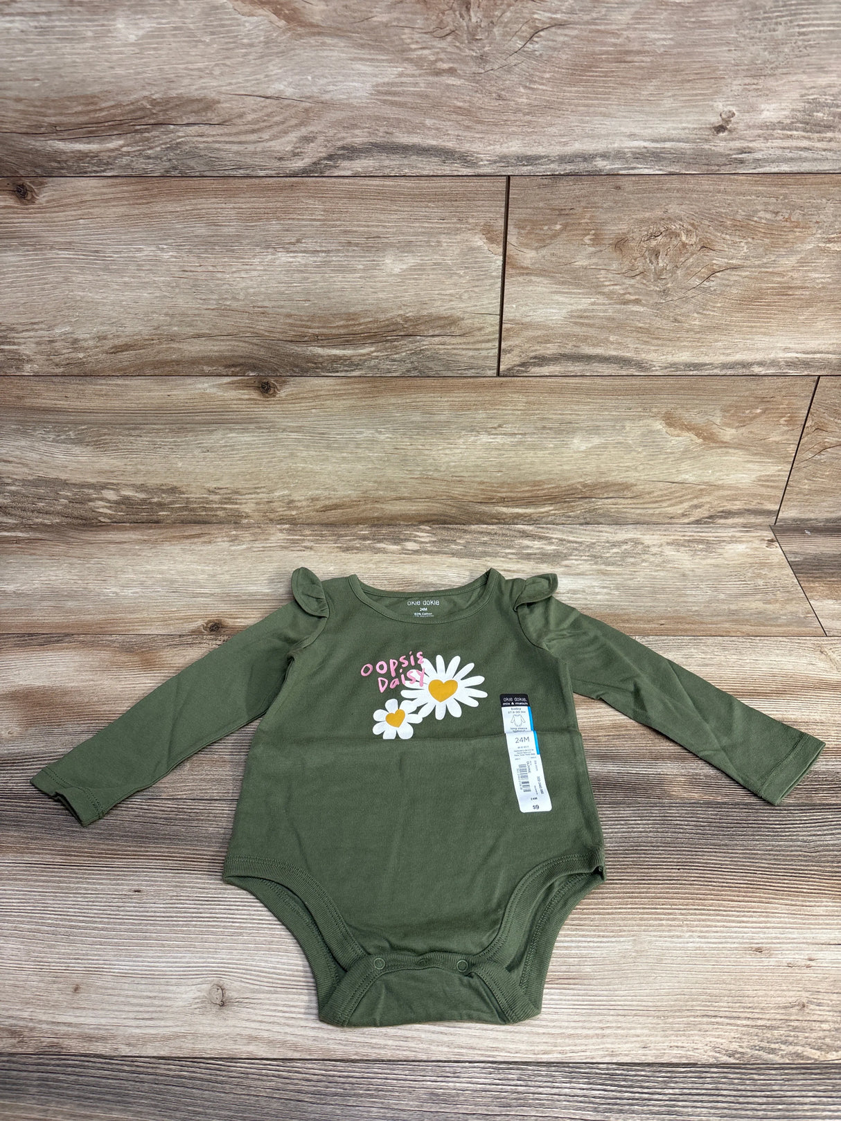 NEW Okie Dokie 'Oopsie Daisy' Puff Sleeve Bodysuit Olivine sz 24m