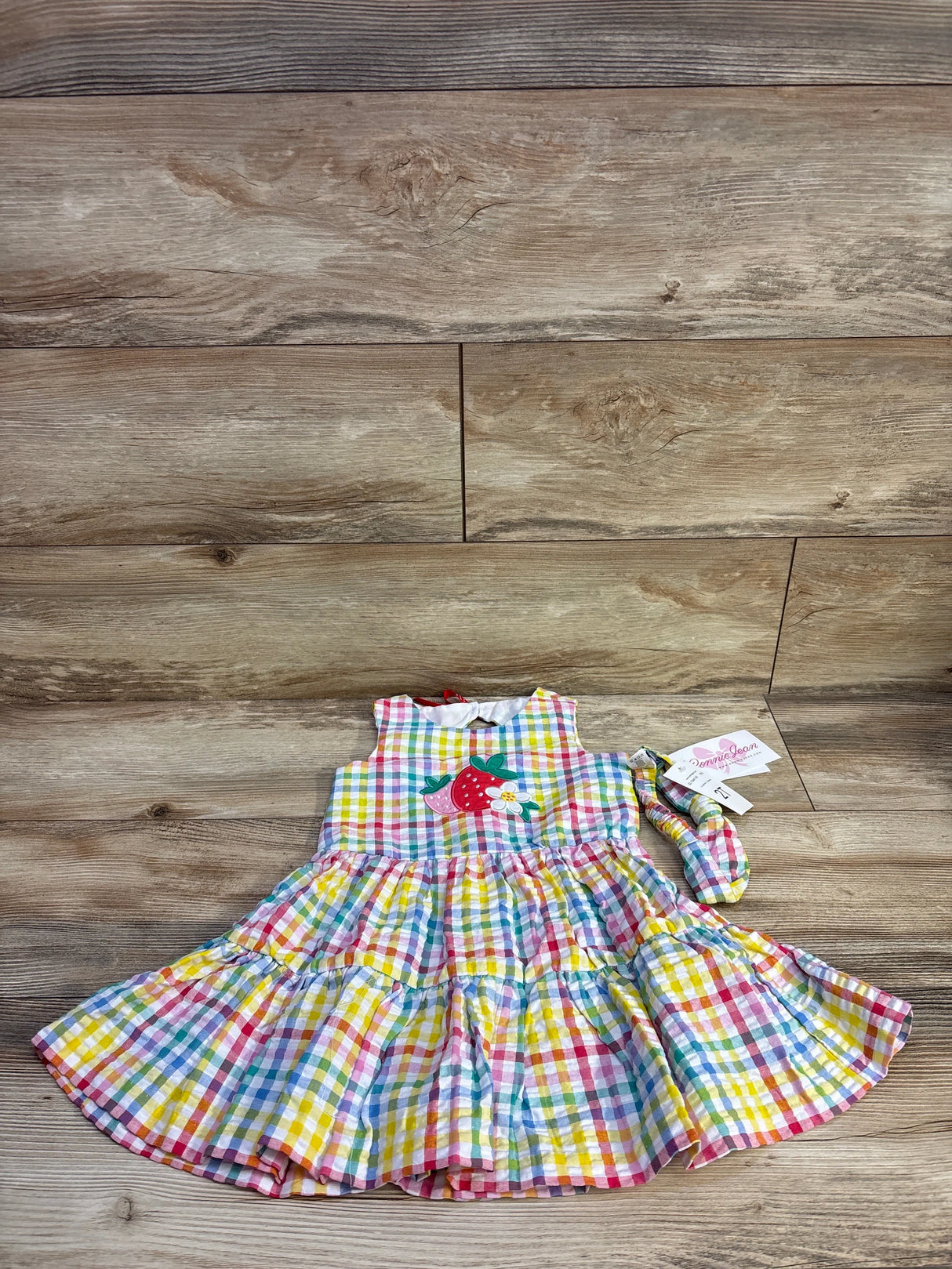 NEW Bonnie Jean 2pc Strawberry Seersucker Dress & Headband White sz 2T