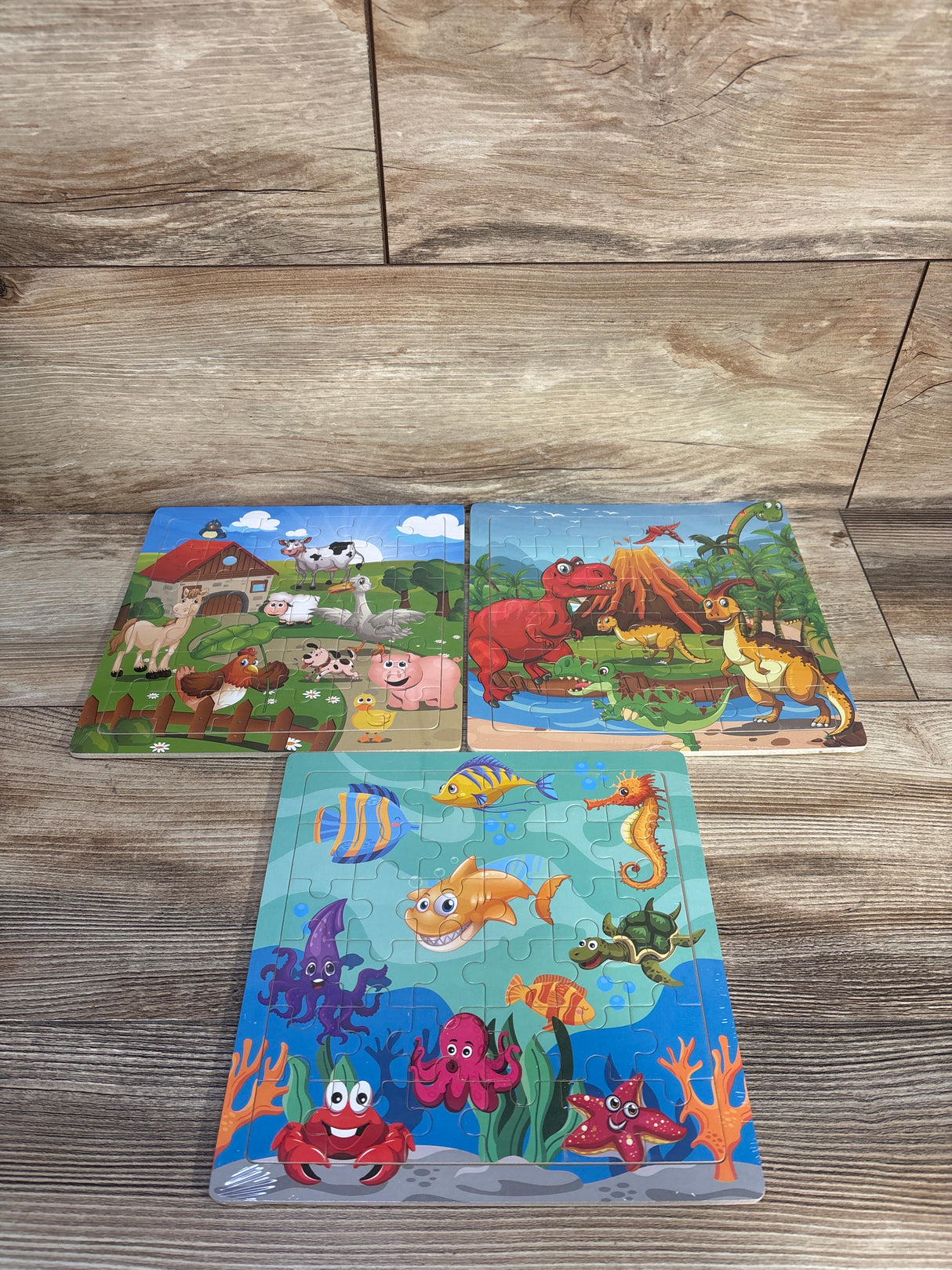 NEW Slotic 3pk Wooden Jigsaw Puzzles - Dinosaur, Farm, & Ocean