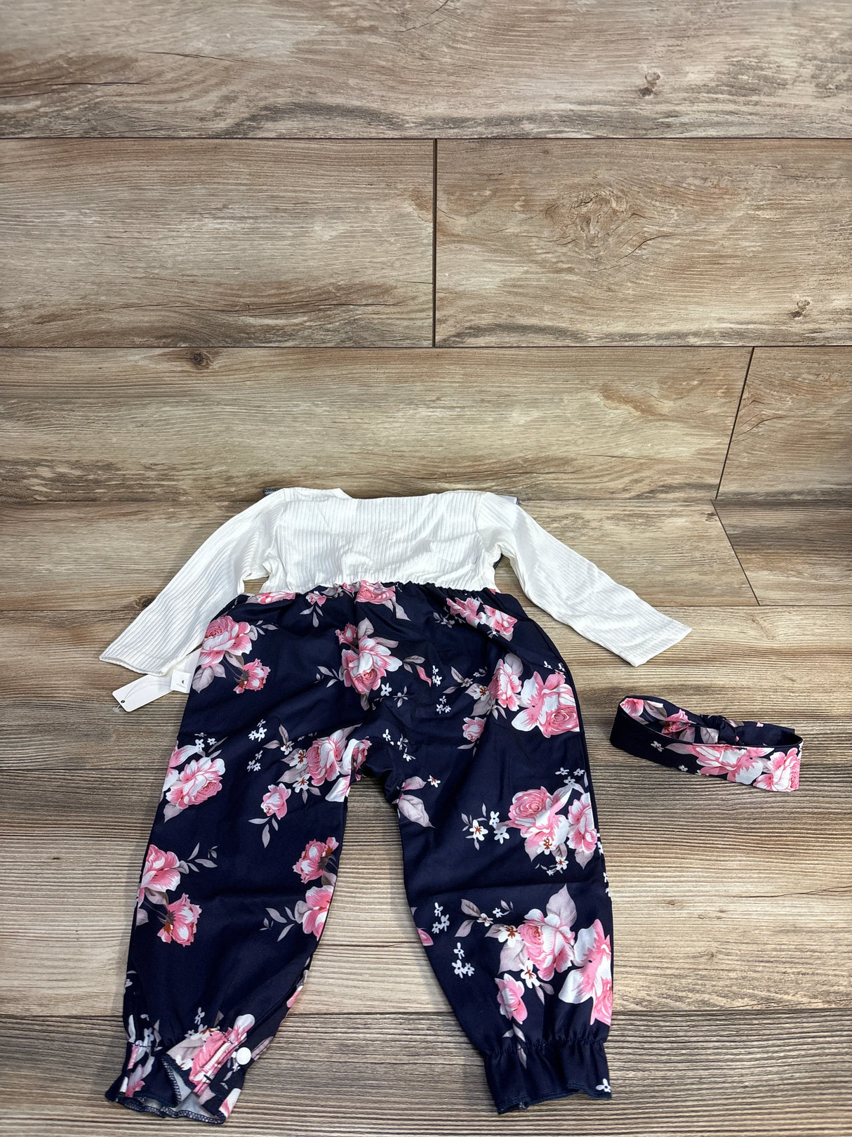 NEW Shein Long Sleeve Romper + Headband 2pc Set Navy sz 12-18m