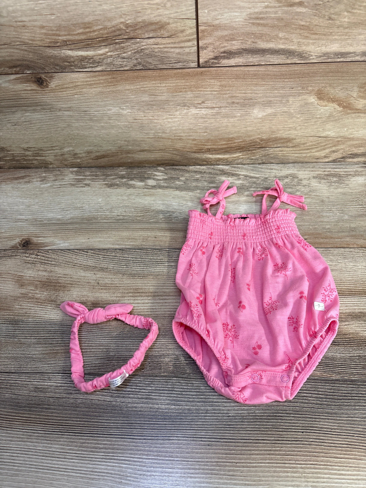 7 for all Mankind 2pc Smocked Bubble Romper & Headband Pink sz 0/3m