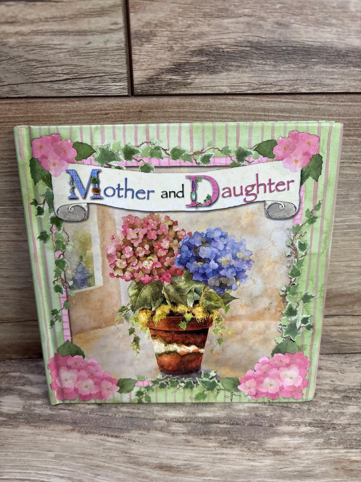 Mother and Daughter floral gift book cover with potted hydrangeas and pink flower border