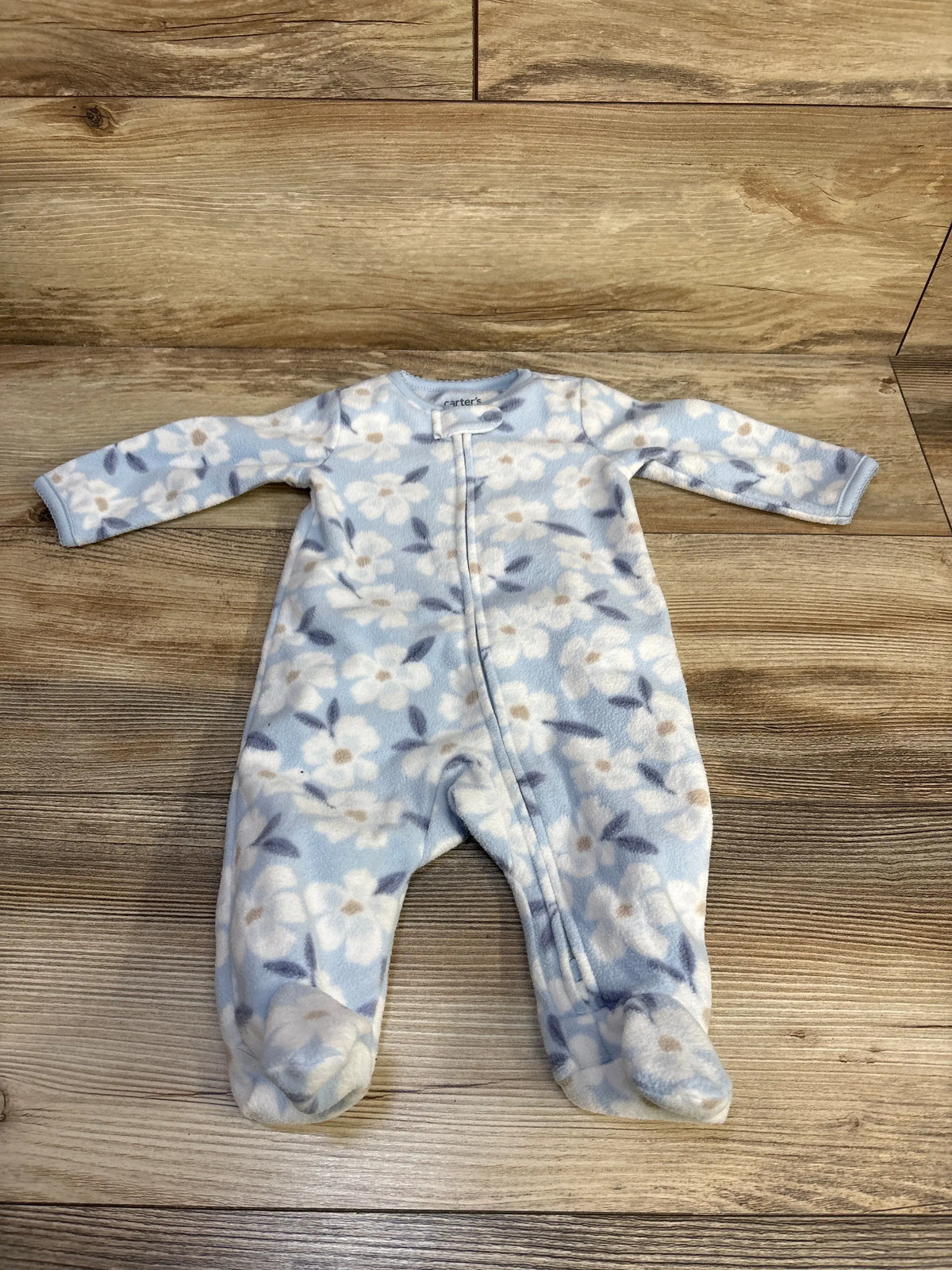 Front view of Just One You 3M blanket sleeper in blue floral polyester, with long sleeves, footed legs, and two-way zipper