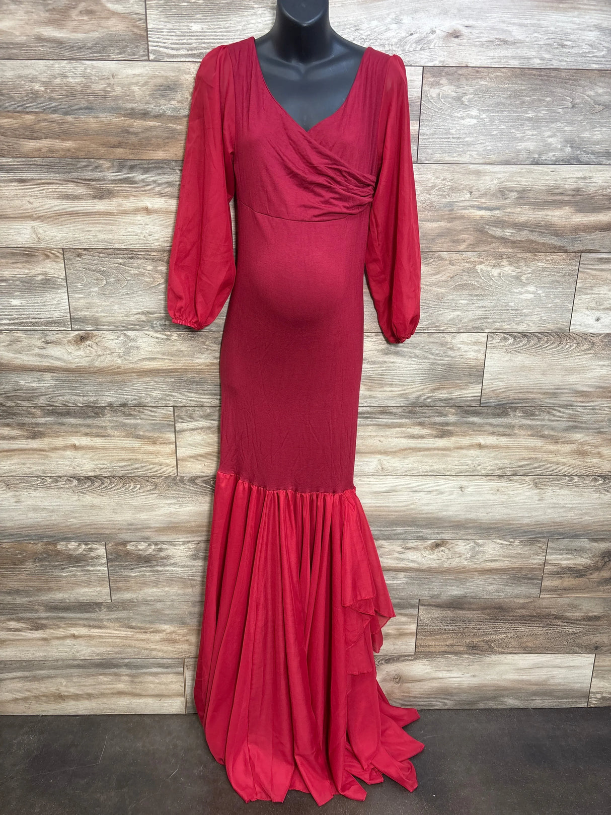 Saslax Long Chiffon Sleeve Tired Mermaid Maternity Dress Red sz Medium