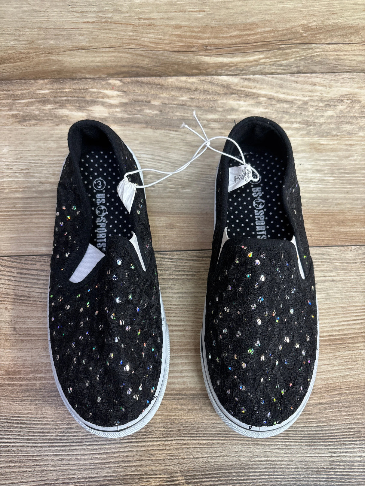 NEW US Sports Sequin Lace Slip-On Sneakers Black sz 3Y
