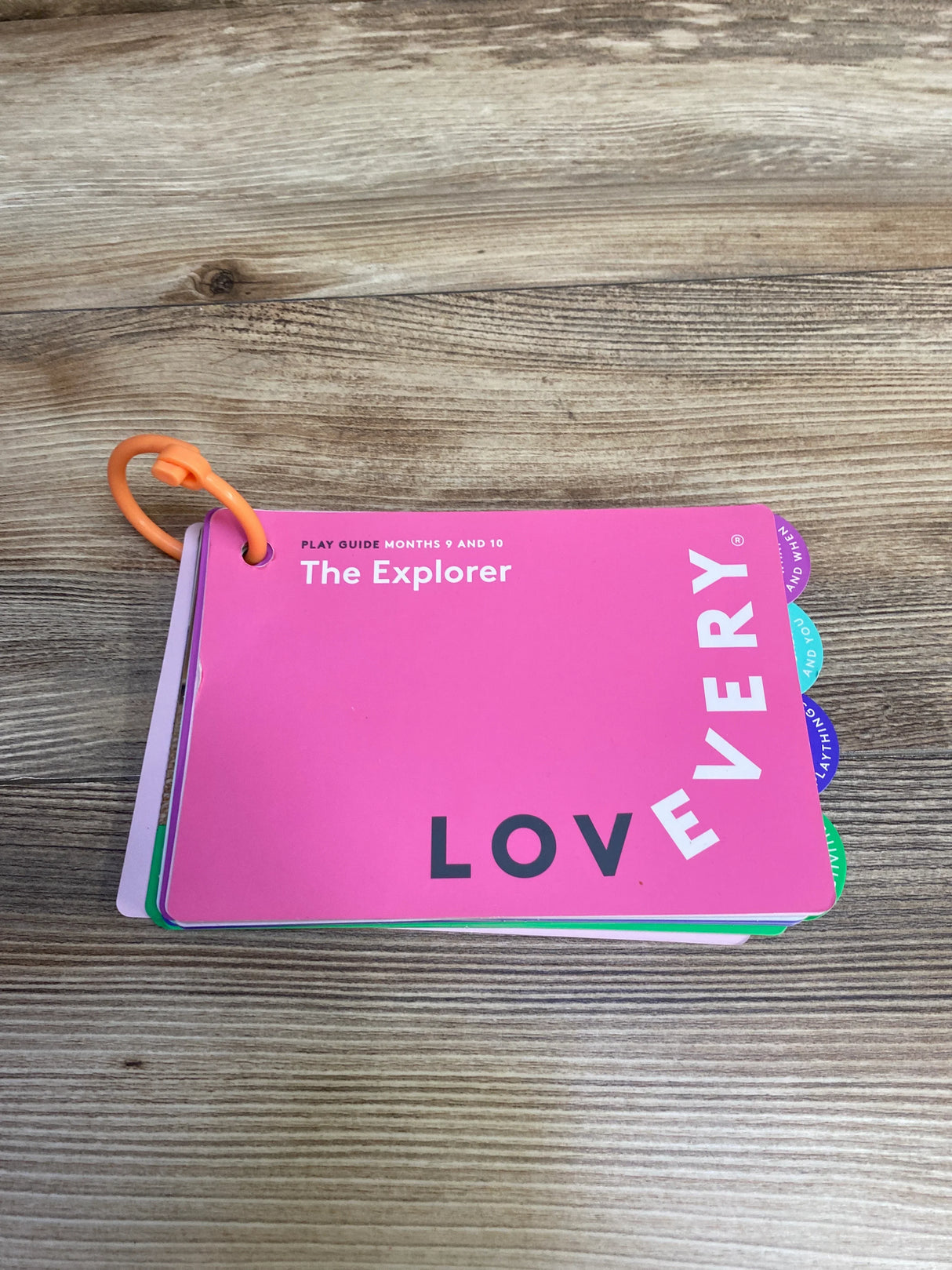 Pink LovEvery play guide booklet for months 9 and 10 titled The Explorer on wooden surface