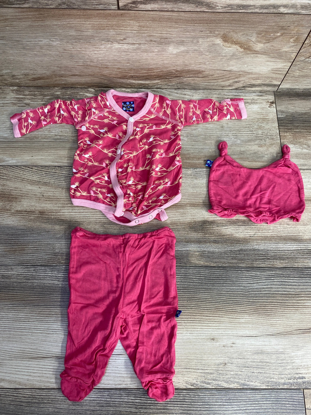 KicKee Pants 3pc Bird Bubble Romper & Pants Set Pink sz Newborn