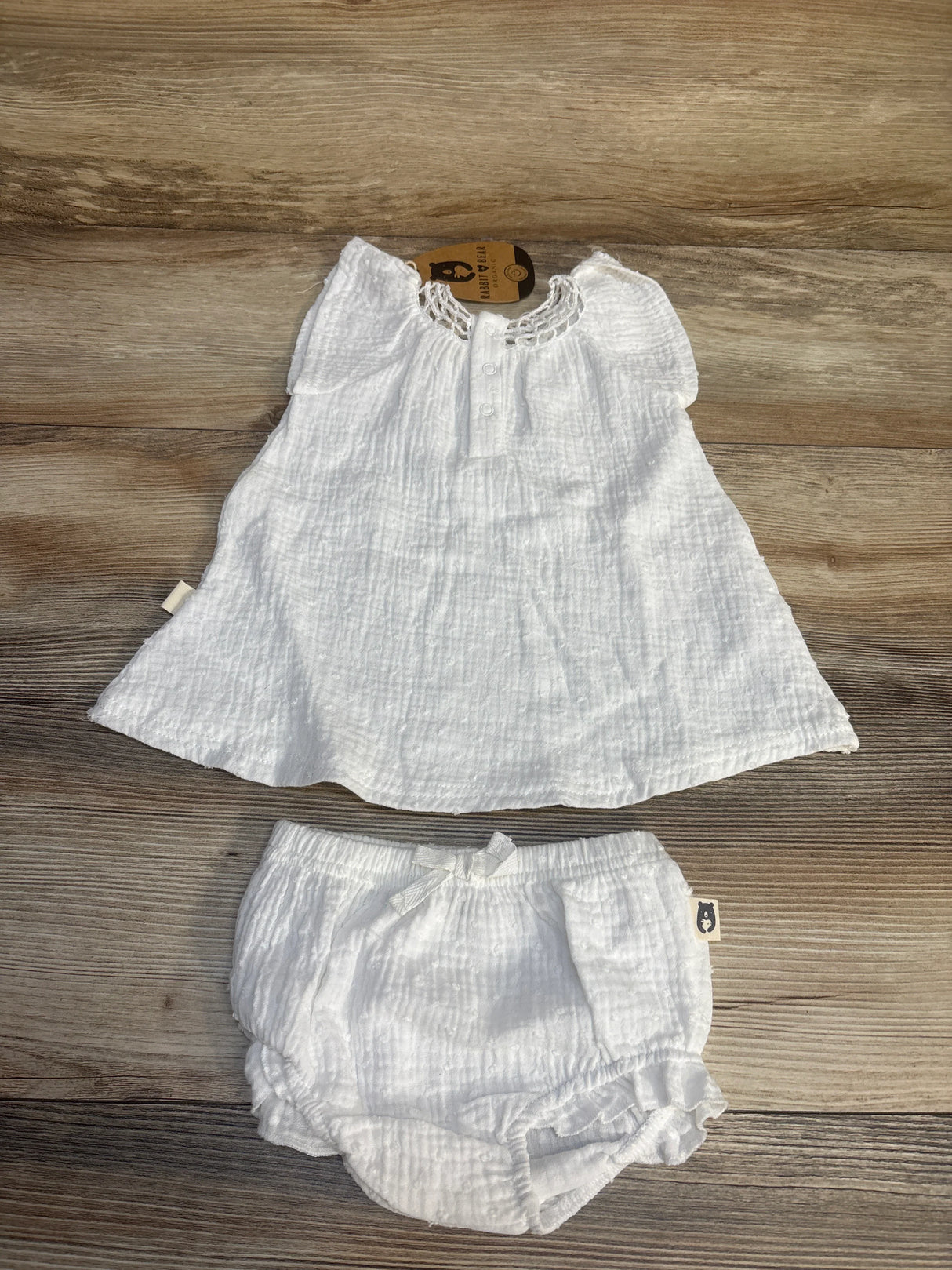 NEW Rabbit Bear 2pc Gauze Dress & Bloomers Set White sz 6-9m