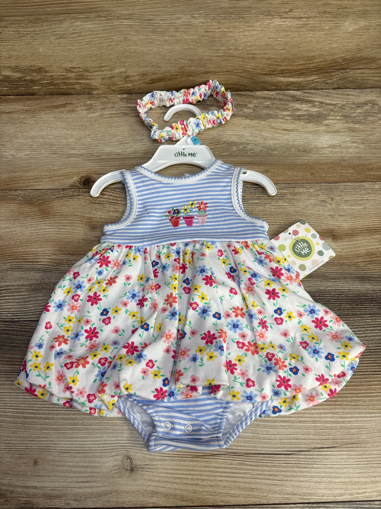 NEW Little Me 2pc Striped Floral Bodysuit Dress & Headband White sz 6m - Me n Mommy To Be