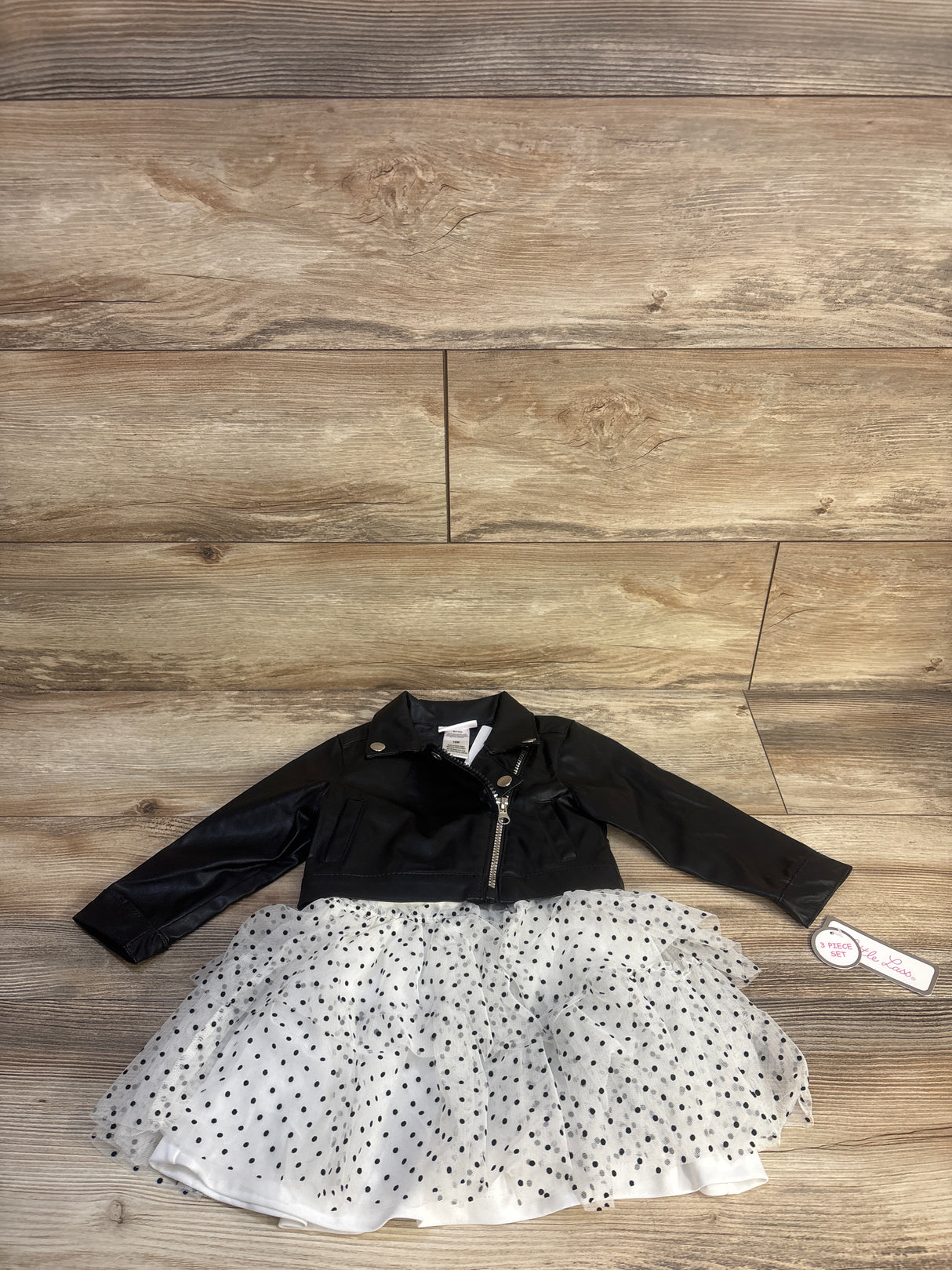 NEW Little Lass 2pc Polka Dot Tulle Dress & Faux Leather Jacket Black sz 18m