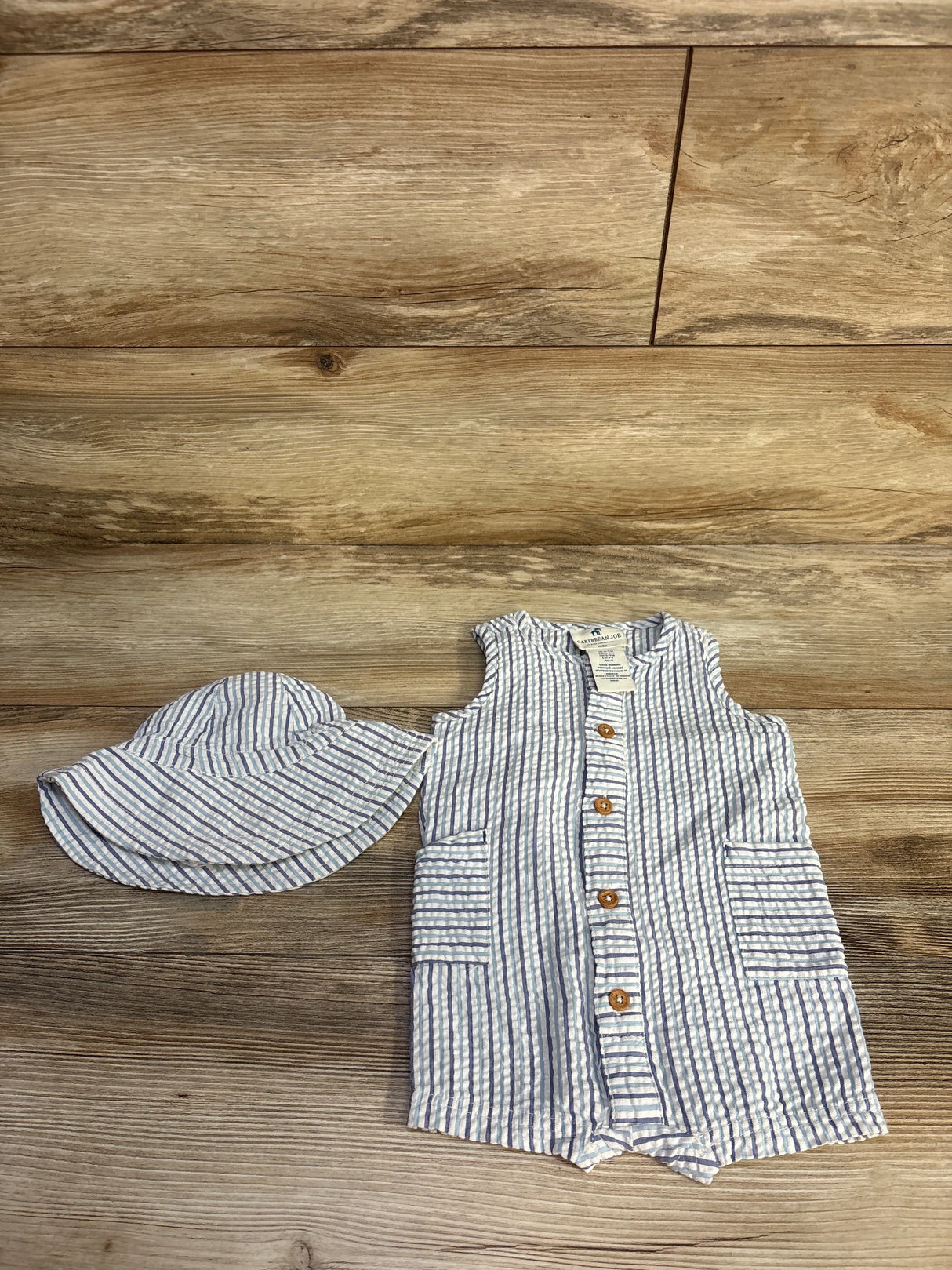 Caribbean Joe 2pc Striped Button-Up Shortie Romper & Hat Set White sz 6-9m