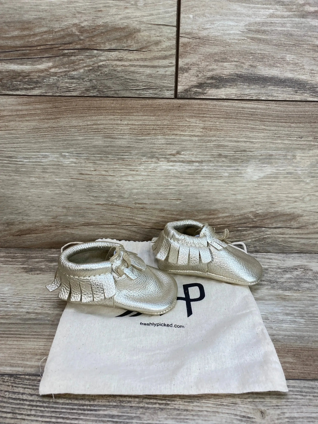 Three-quarter view of NEW Freshly Picked platinum moccasin soft shoes with metallic finish and fringe trim on brand dust bag
