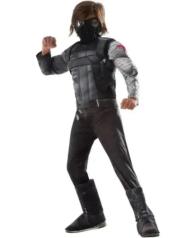 Full-length view of Marvel Captain America costume showcasing black tactical jumpsuit, mask, gloves, and boots against a white background