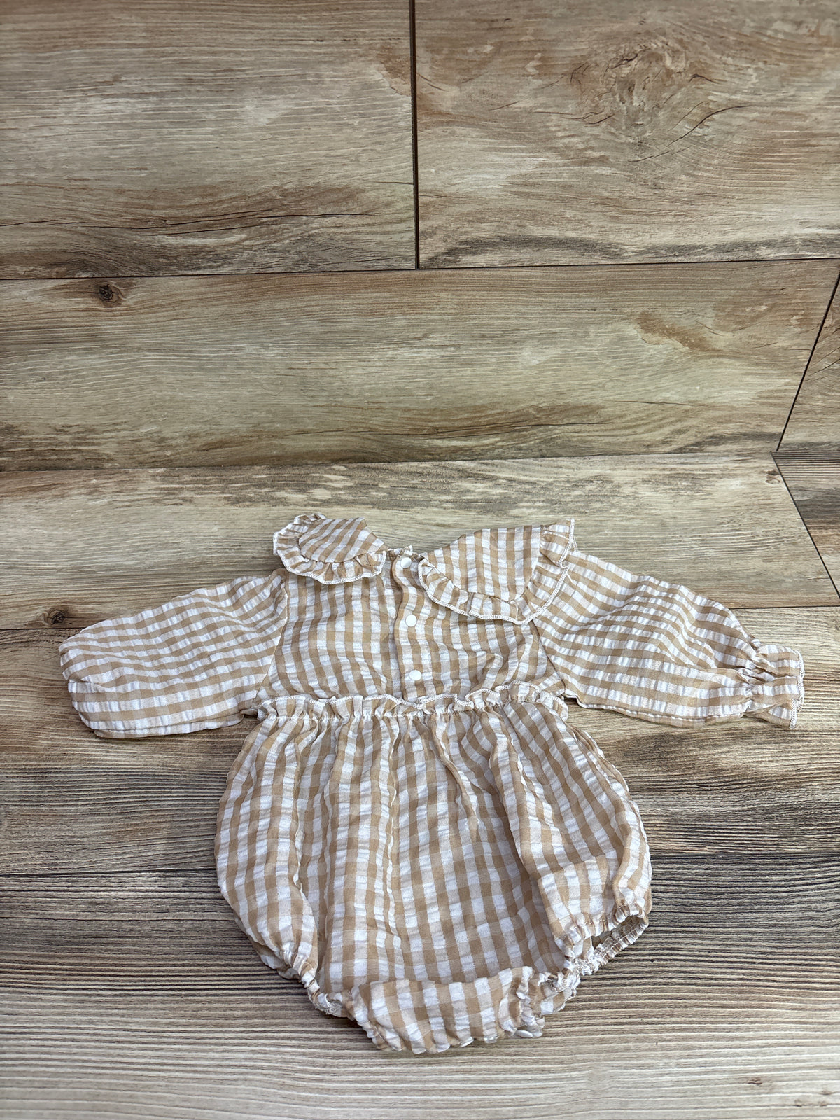Muasaaluxi Long Sleeve Gingham Collared Bubble Romper Beige sz 0-3m
