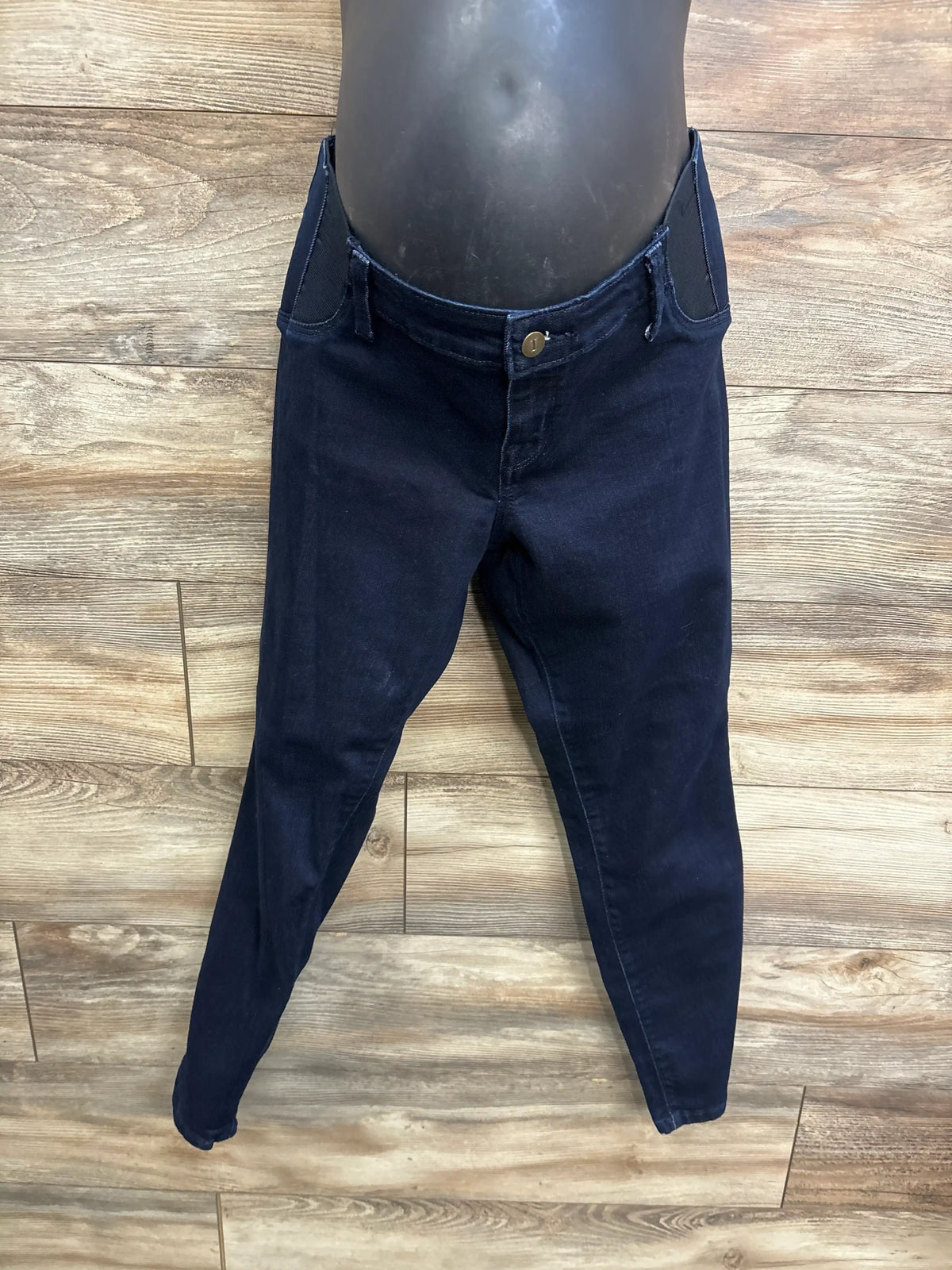 Front view of Isabel Maternity side panel jeggings showcasing side panels and high-rise waistband on wood flooring