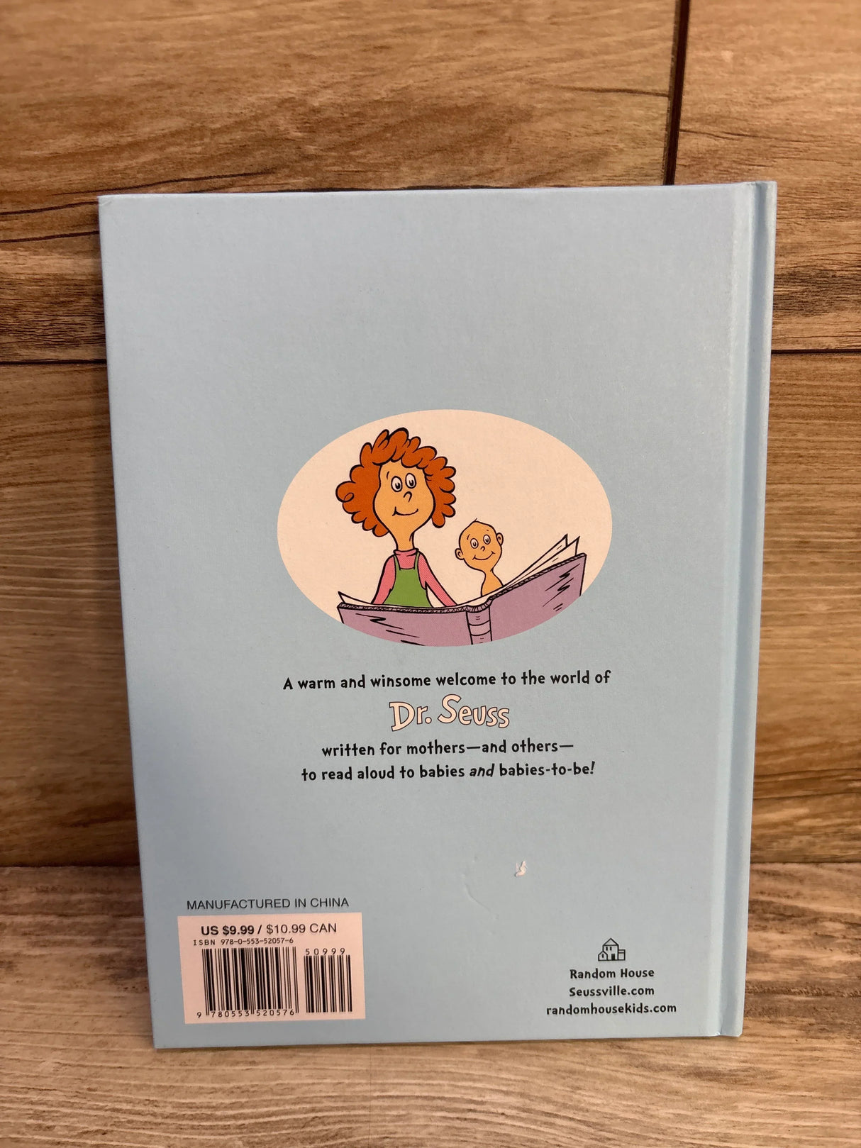 Back of Dr. Seuss Oh, Baby the Places You'll Go! hardcover showing parent-and-baby illustration and back-cover blurb on wood