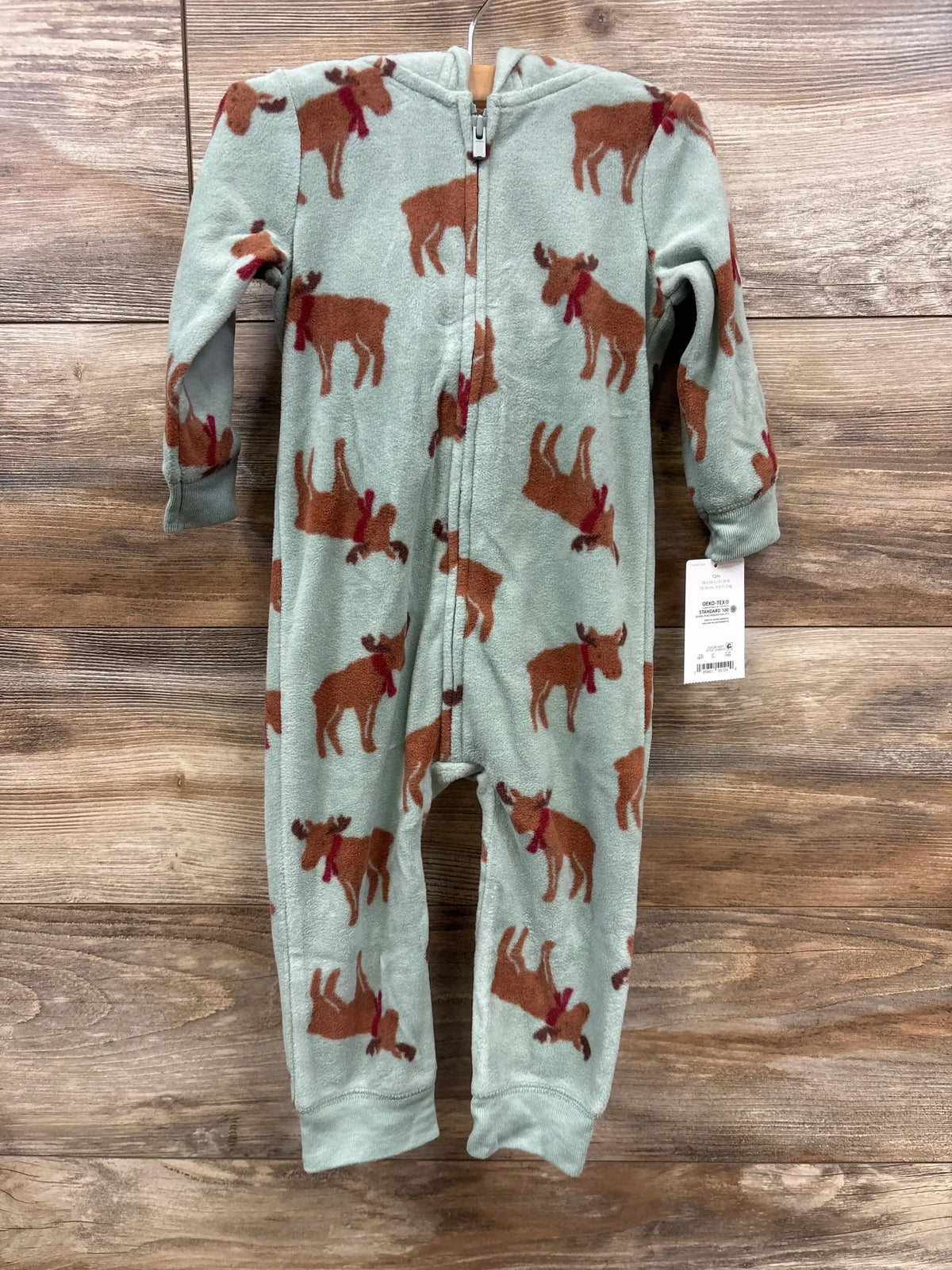 Soft baby fleece onesie with moose print, zip front, hooded, 12m size, cozy winter sleepwear for infants