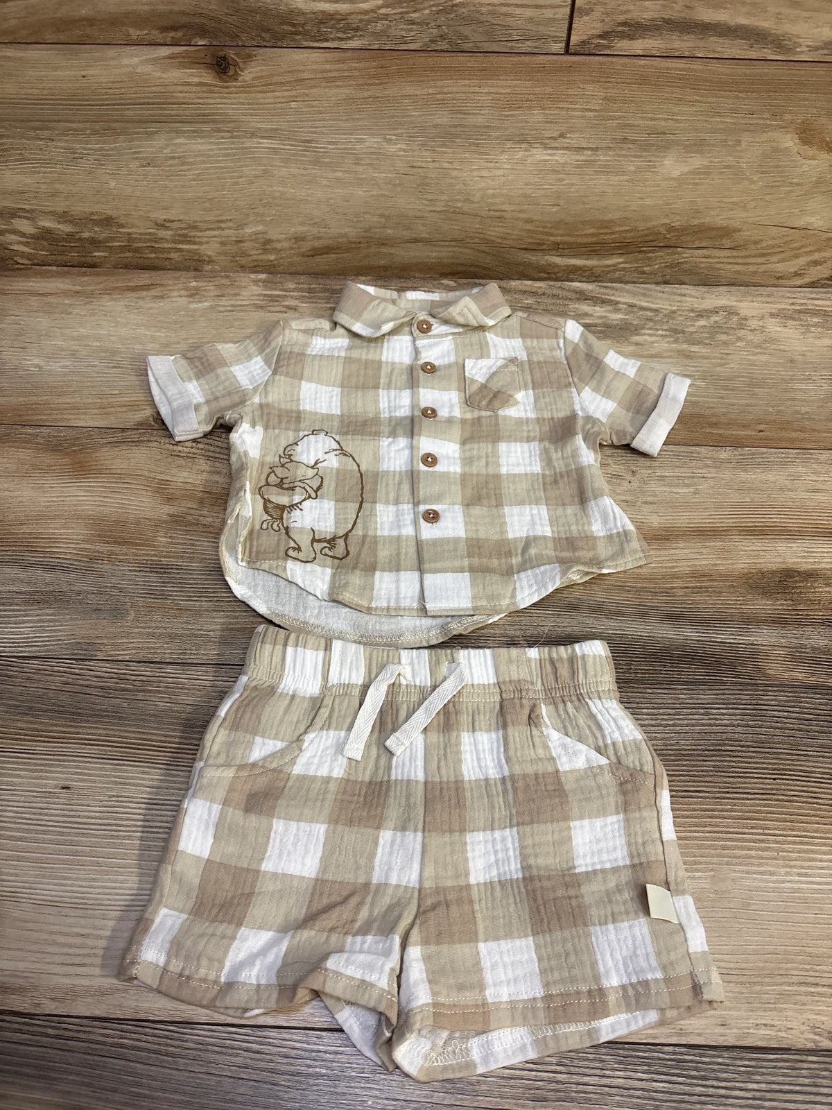 Disney Winnie The Pooh 2pc Gauze Button-Up Shirt & Shorts Set Beige sz 0/3m