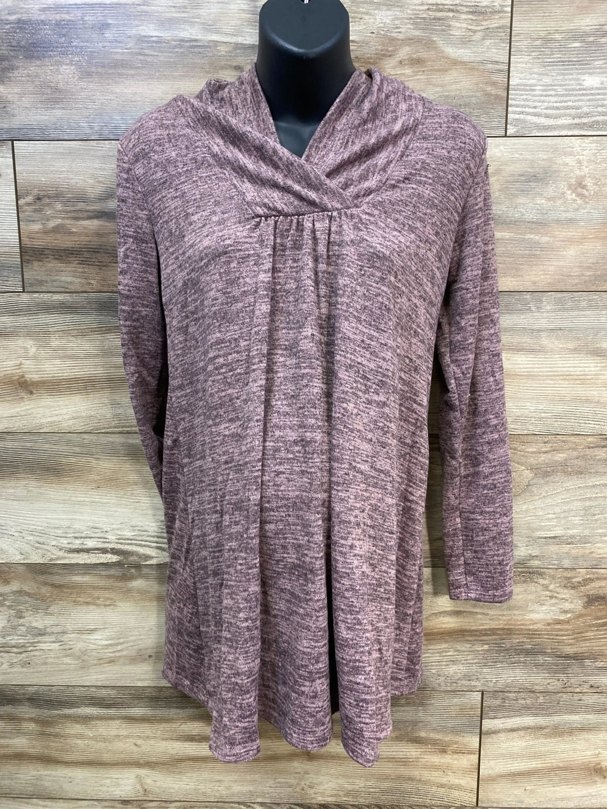 Mauve long sleeve cowl neck tunic top on mannequin with wood background