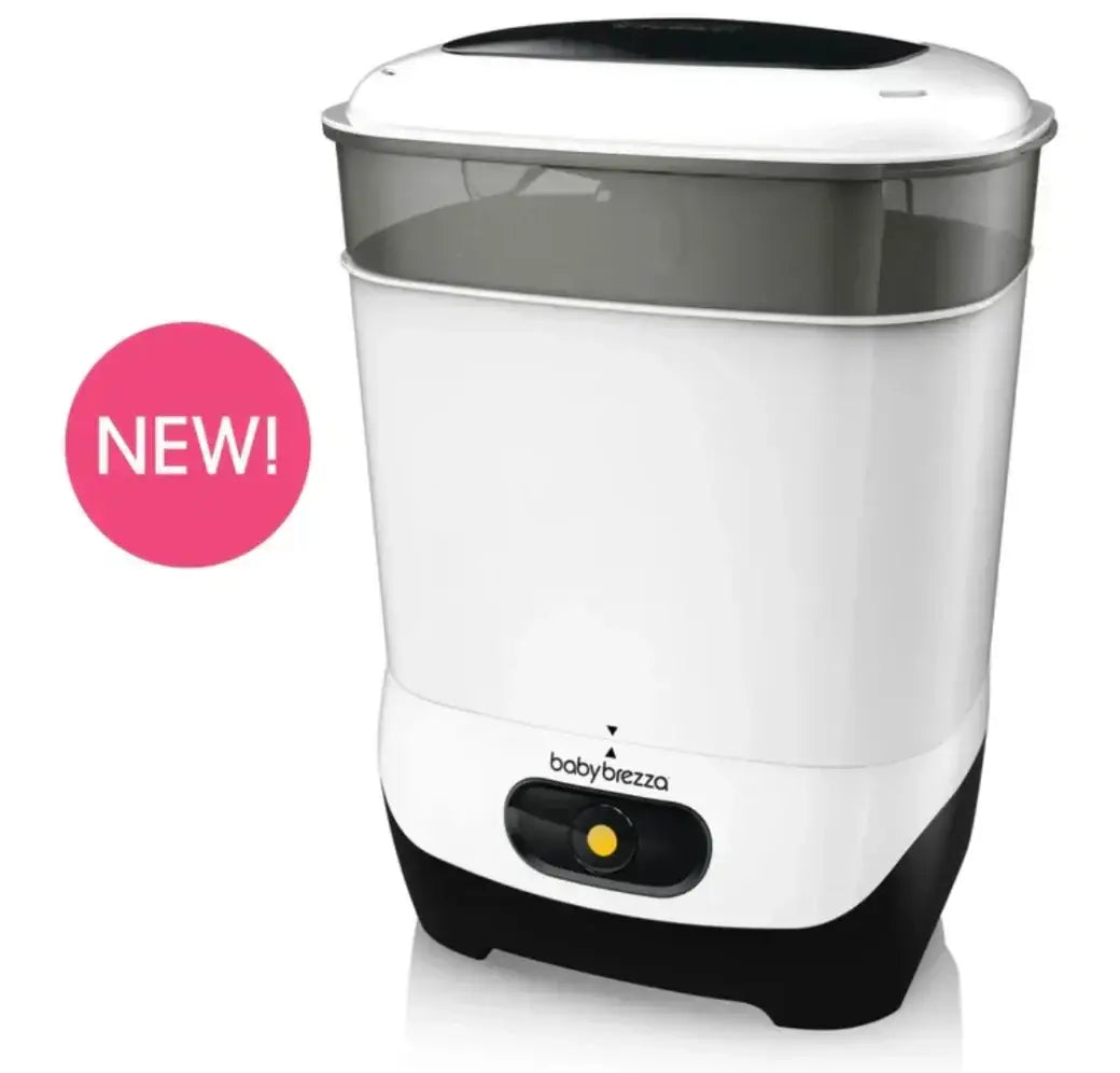 Angled view of Baby Brezza One Step Sterilizer with translucent top, yellow power button and pink NEW badge on white background