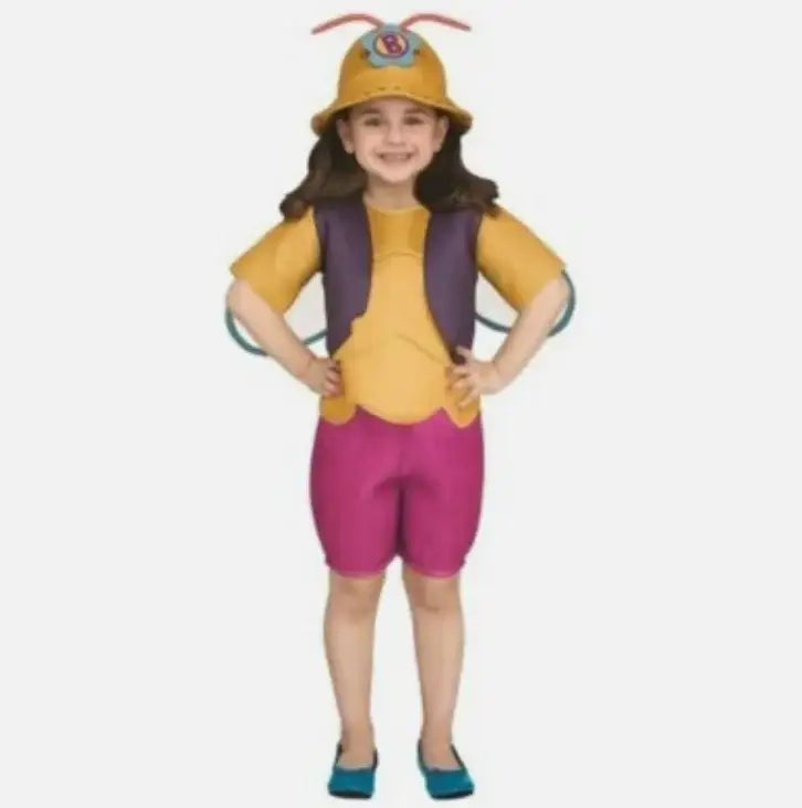 Front view of Beat Bugs Buzz costume showcasing a yellow antennae helmet, purple vest, and magenta shorts on a child