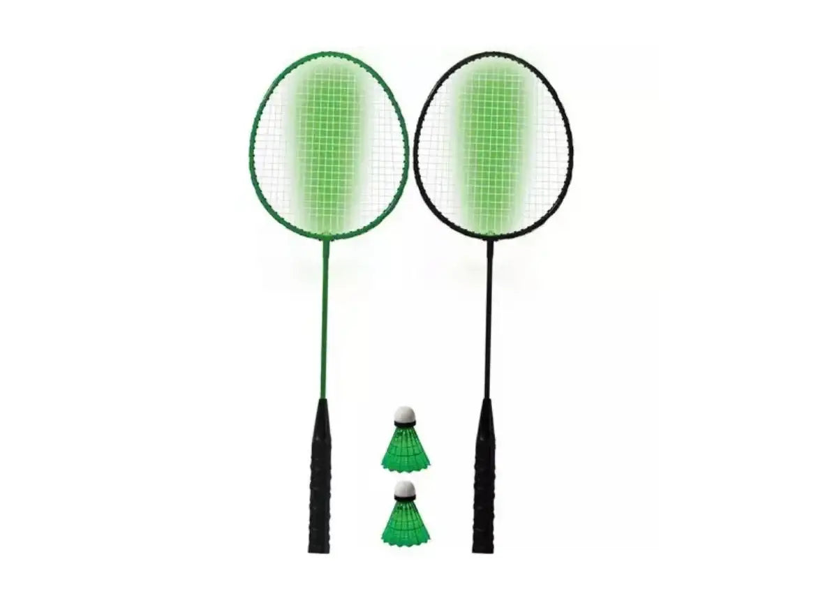 Kids badminton set with two rackets and two green shuttlecocks on white background