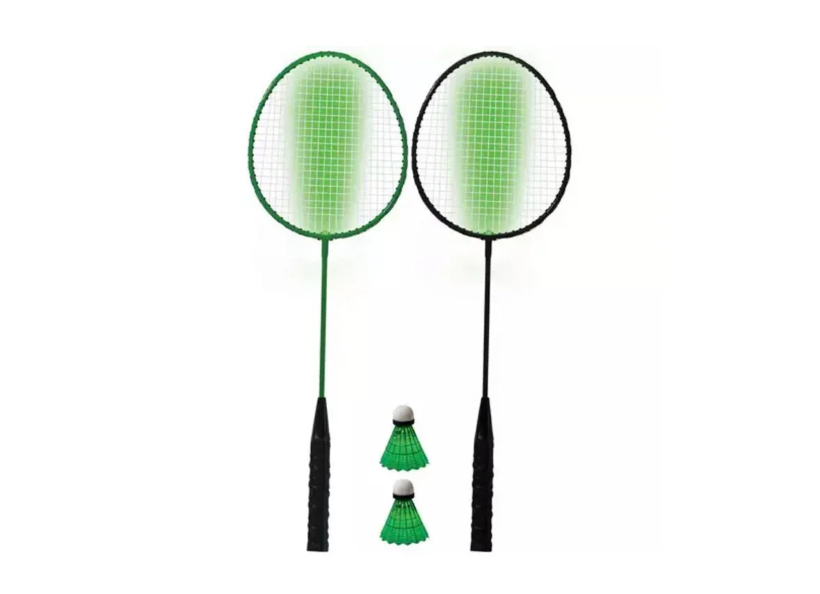 Kids badminton set with two rackets and two green shuttlecocks on white background
