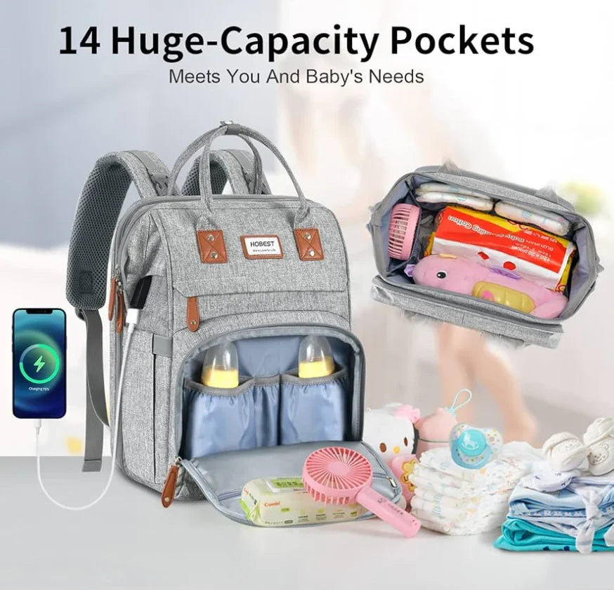 HOBEST Diaper Bag Backpack w/ Changing Station & USB Grey