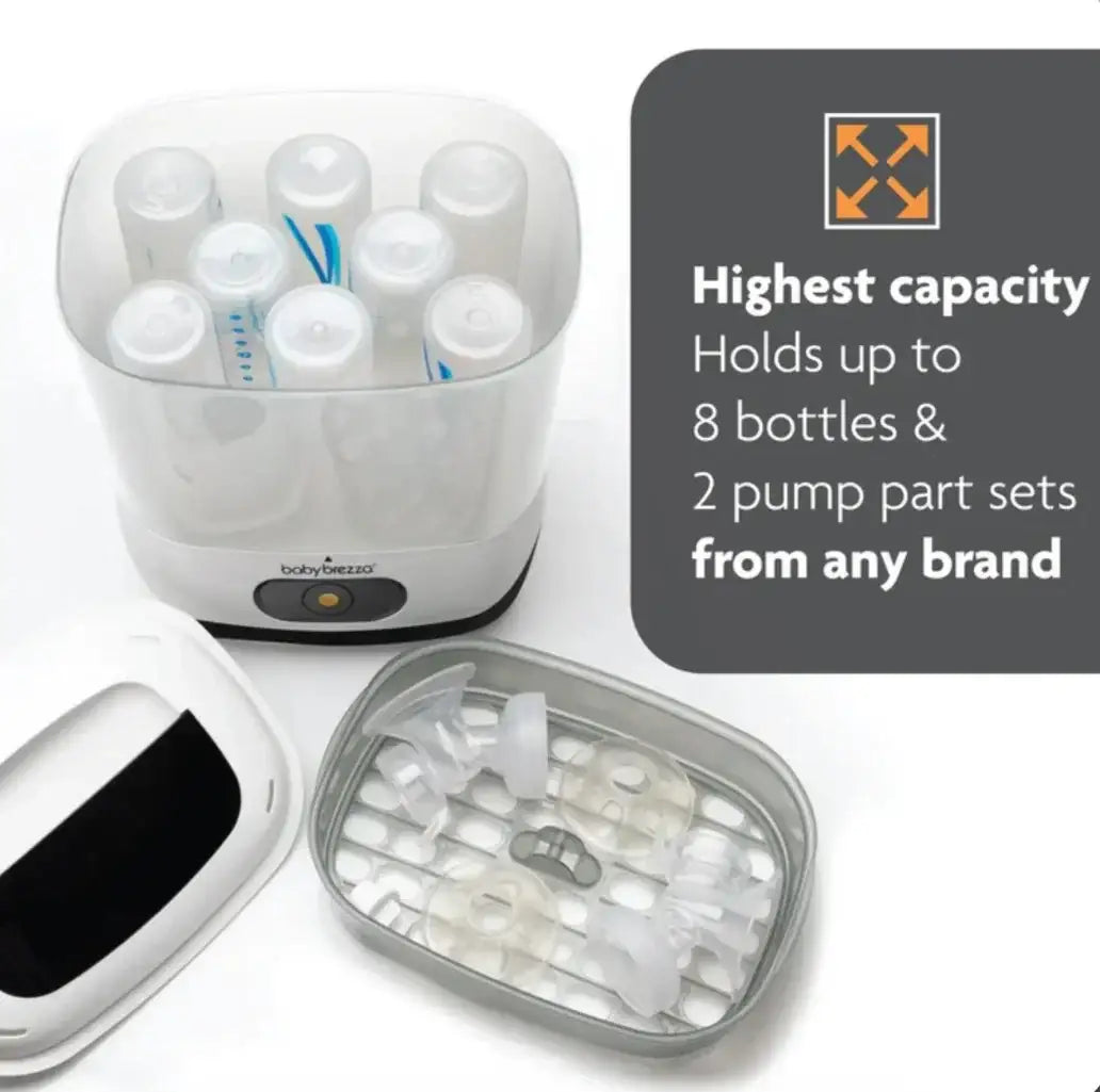 Front view of Baby Brezza One Step sterilizer with clear lid and pump parts tray and text Holds up to 8 bottles and 2 pump part sets