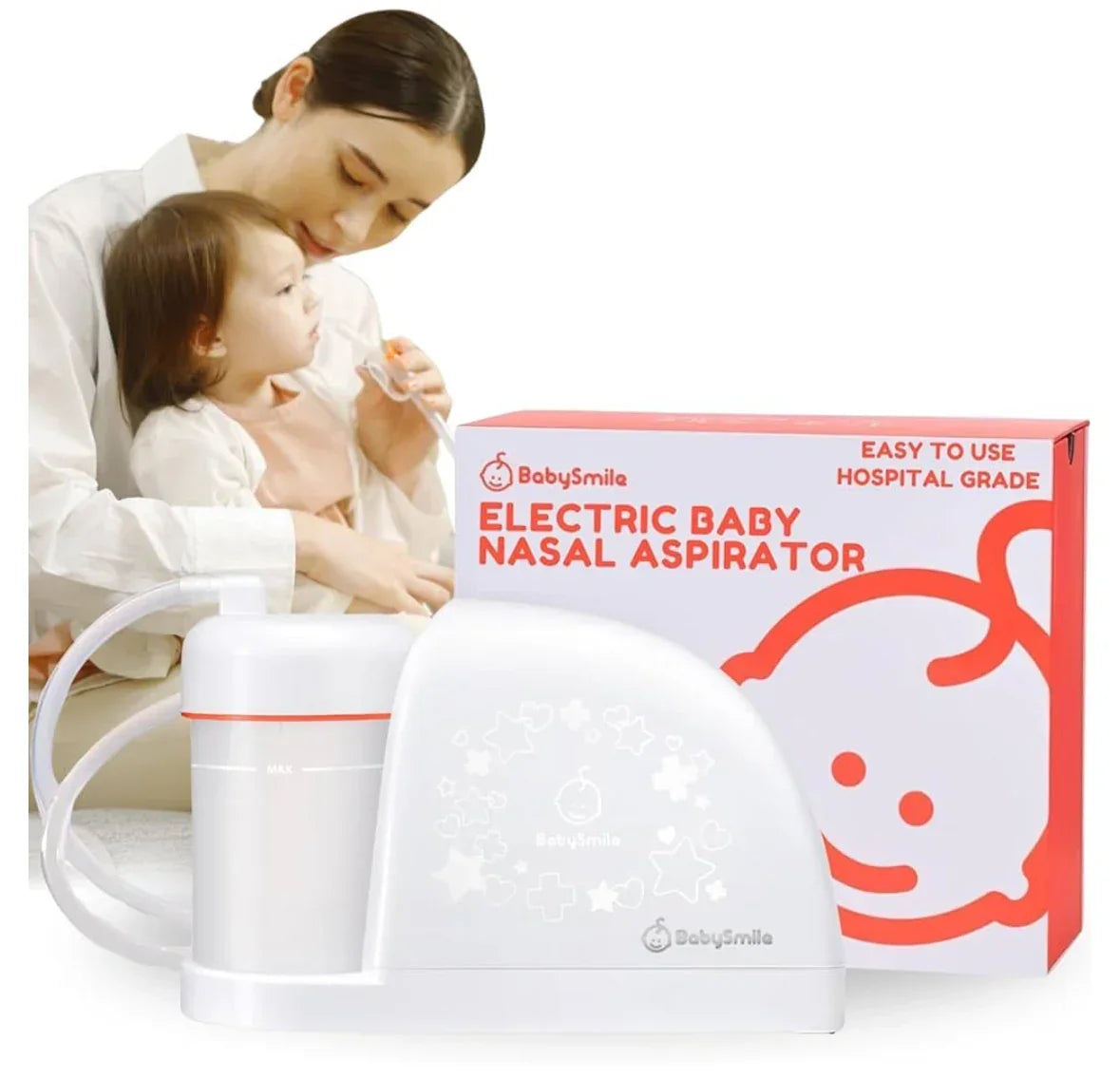 Front view of BabySmile S-504 electric nasal aspirator with suction unit, collection cup, box, and mother using it on toddler