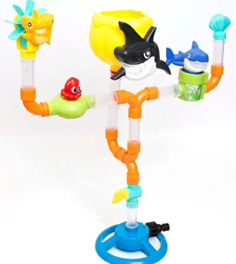 Front view of Boley Shark Spinkler with shark and sea-animal characters, clear water tubes and blue base with faucet connector on white background