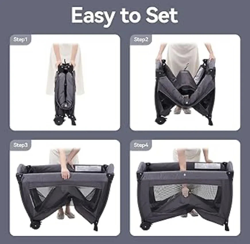Step-by-step guide showing how to set up a foldable portable baby crib with mesh sides.