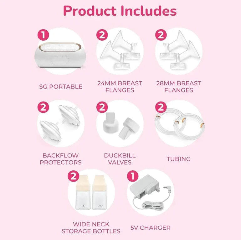 Breast pump kit with SG portable pump, flanges, valves, tubing, bottles, charger