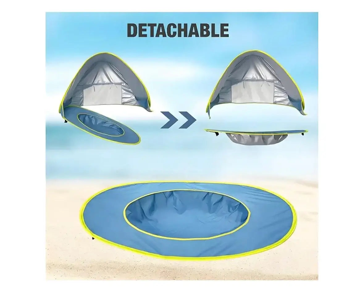 Product view of PandaEar Pop-Up Baby Beach Tent showcasing detachable splash pool base with beach background