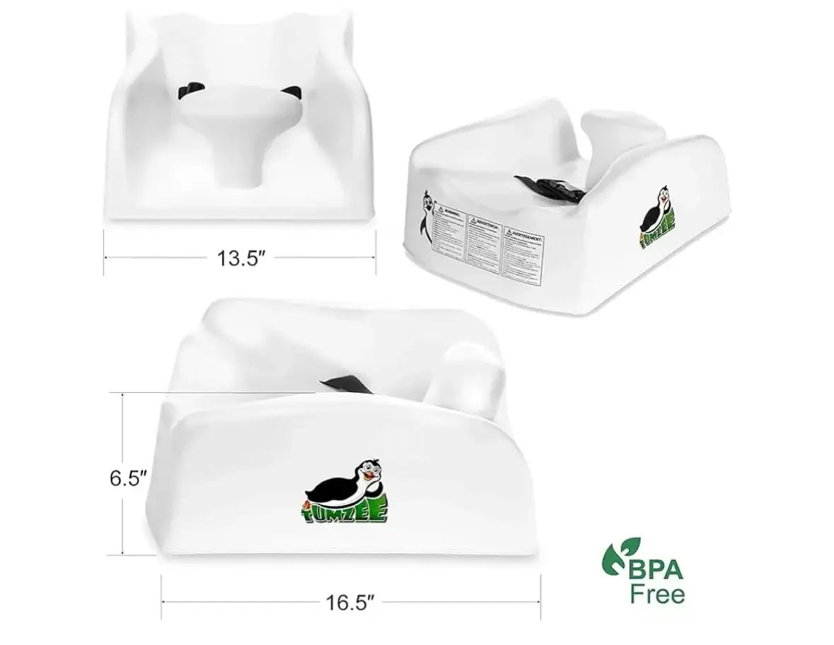 Multiple views of NEW Tumzee Tummy Time Incline Tool with 13.5, 16.5, and 6.5 inch dimensions and BPA-free design