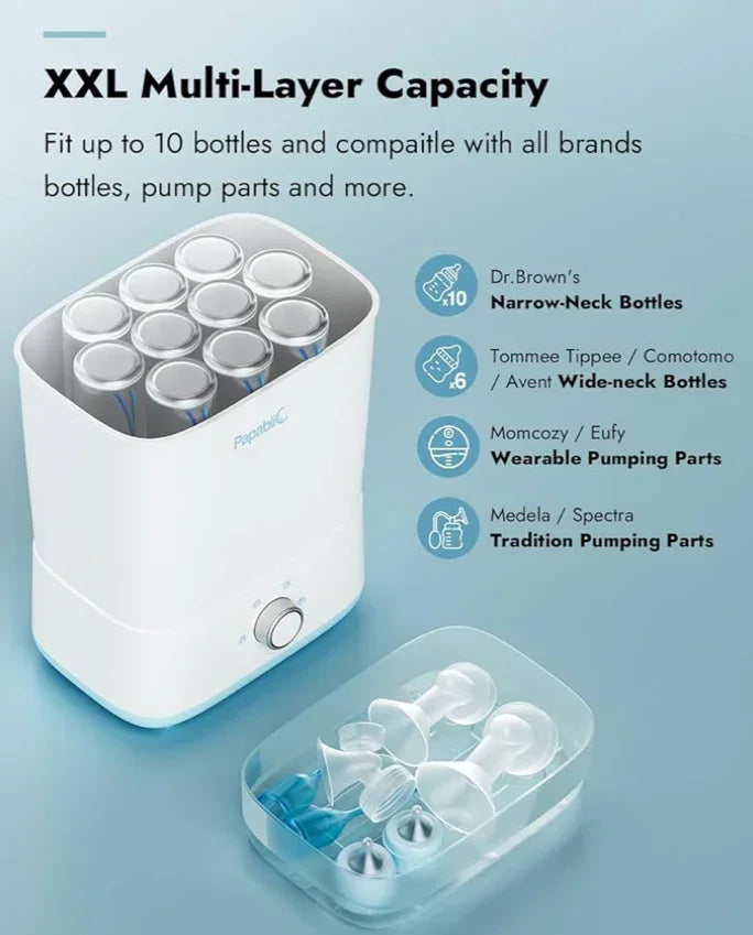 Large white baby bottle sterilizer with 10 bottles and pump parts on blue background, XXL multi-layer capacity